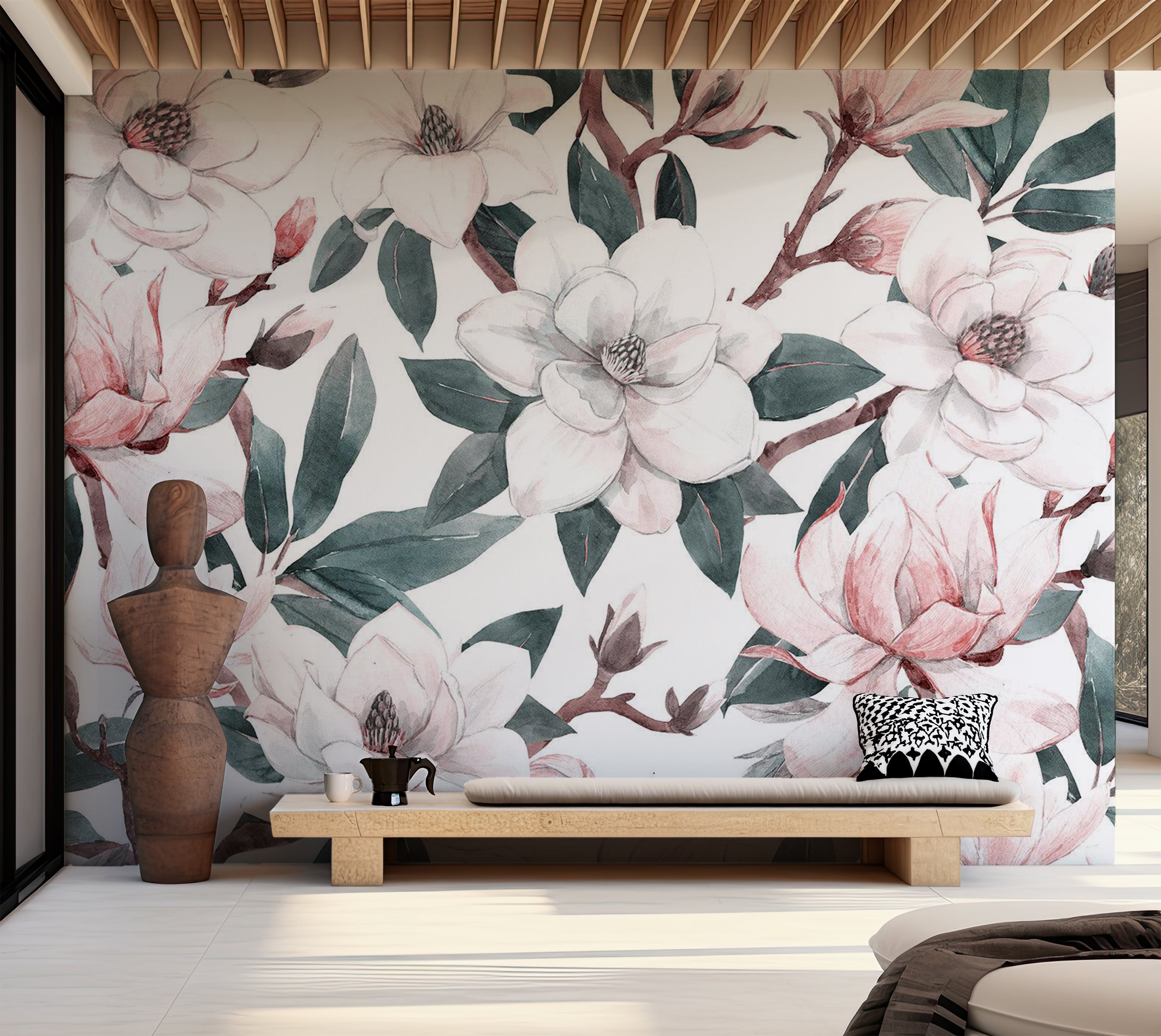 Floral Wallpaper Wall Mural - Watercolor Magnolias 39"Wx27"H / Standard