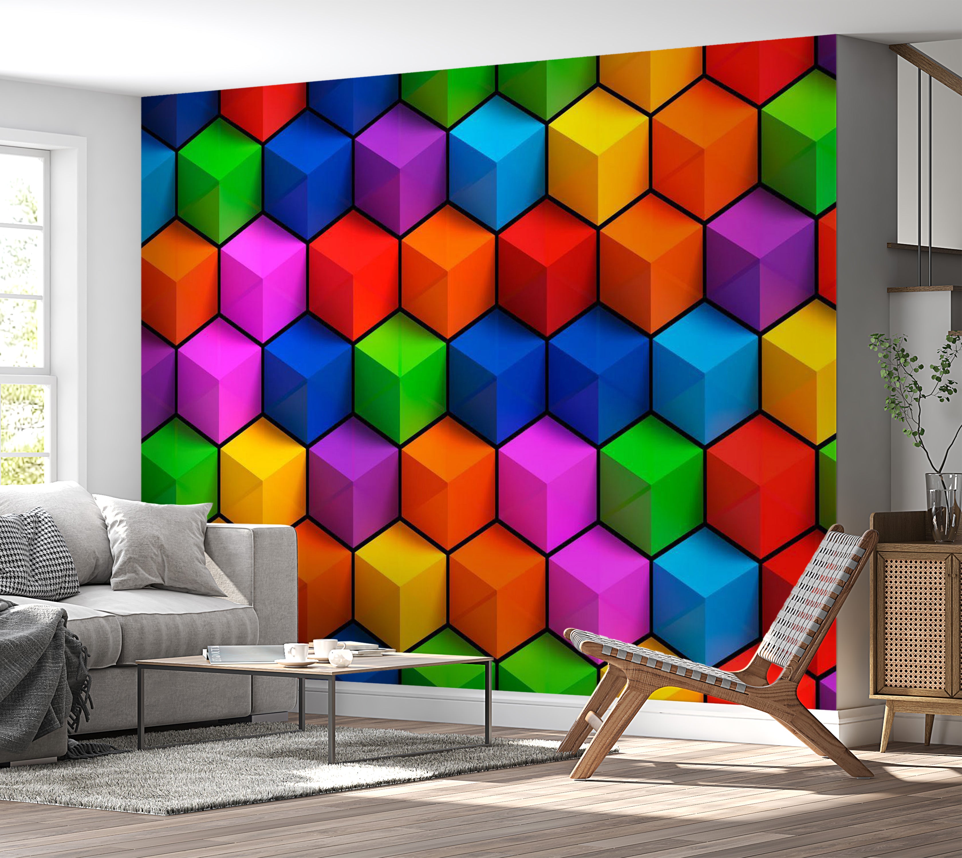 Abstract Wallpaper Wall Mural - Colorful Geometric Boxes 39"Wx27"H