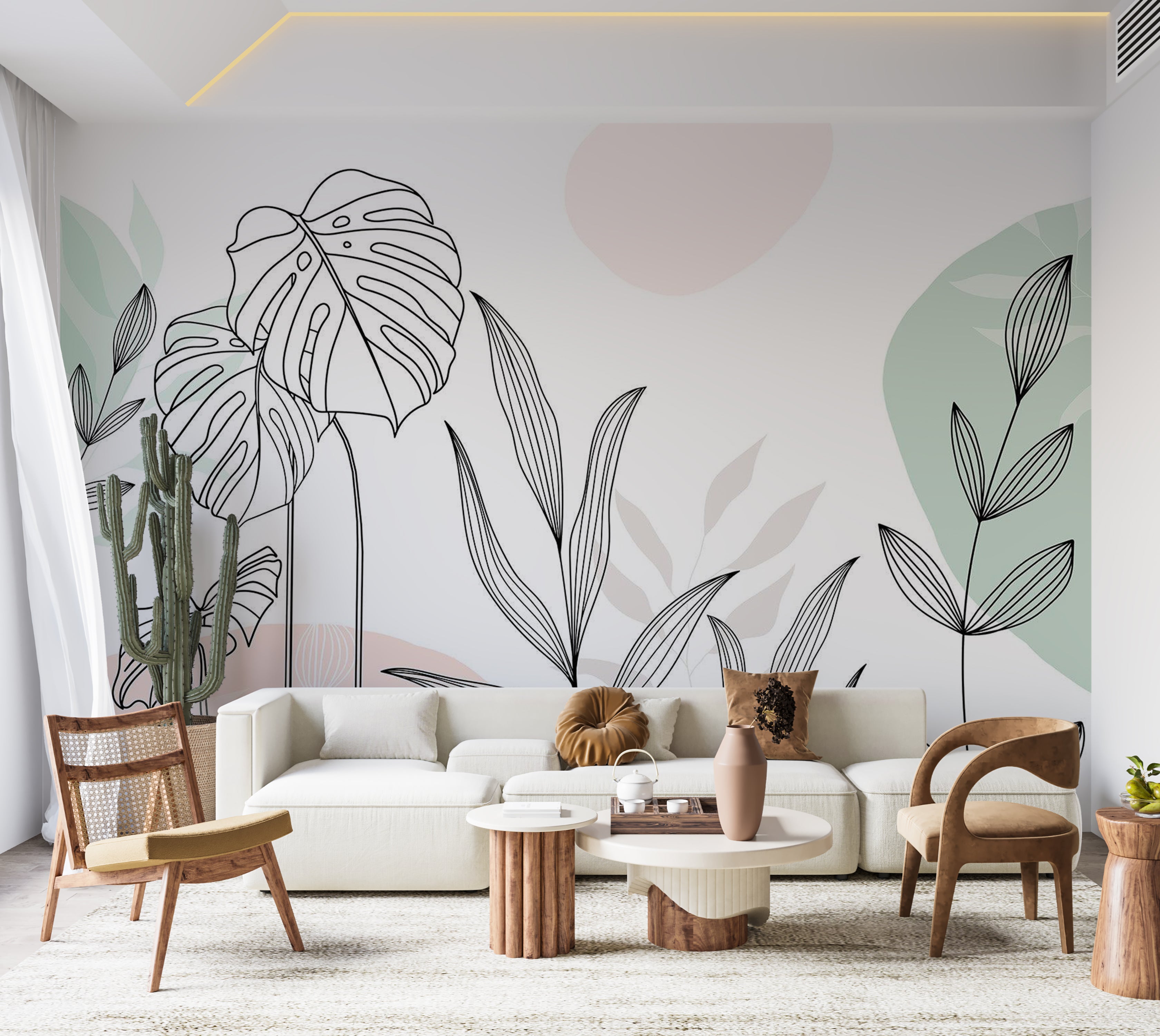 Botanical Wallpaper Wall Mural - Leaves in Pastels 39"Wx27"H / Standard