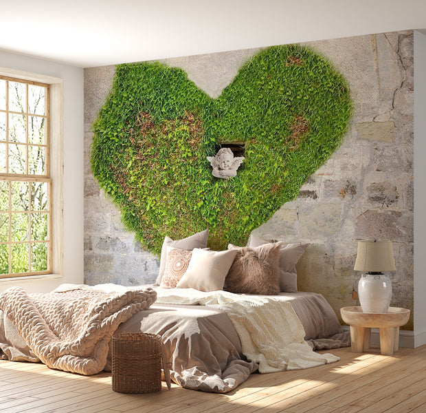 Background & Patterns Wallpaper Wall Mural - Brick Wall and Green Heart 39"Wx27"H