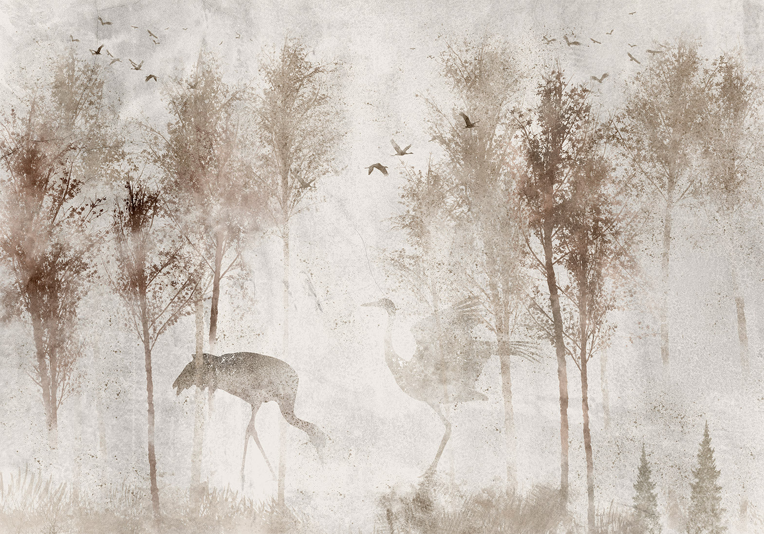 Landscape Wallpaper Wall Mural - Birds In Foggy Forest