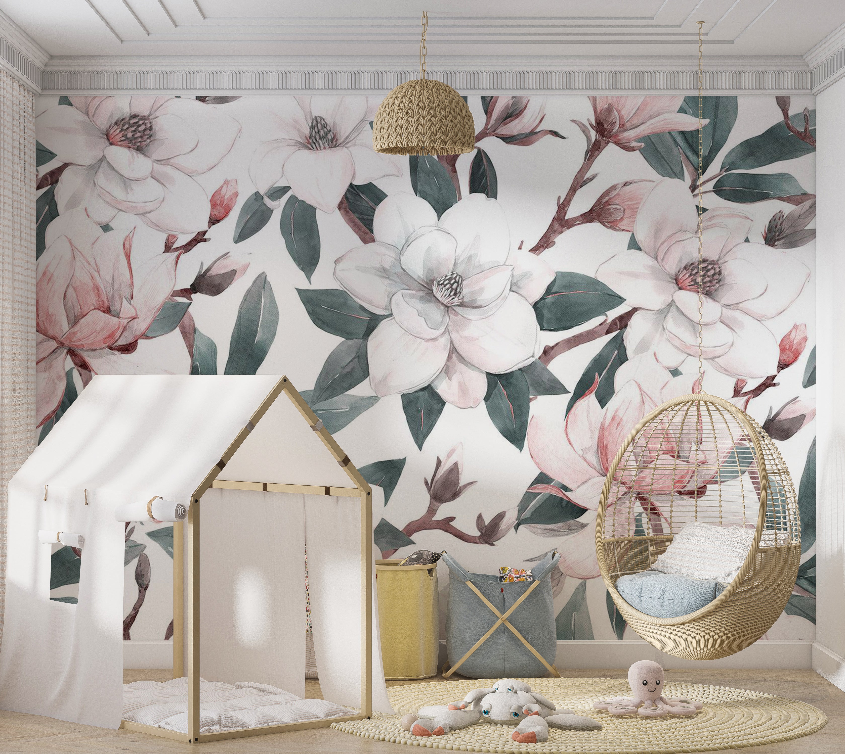 Floral Wallpaper Wall Mural - Watercolor Magnolias 39"Wx27"H / Standard