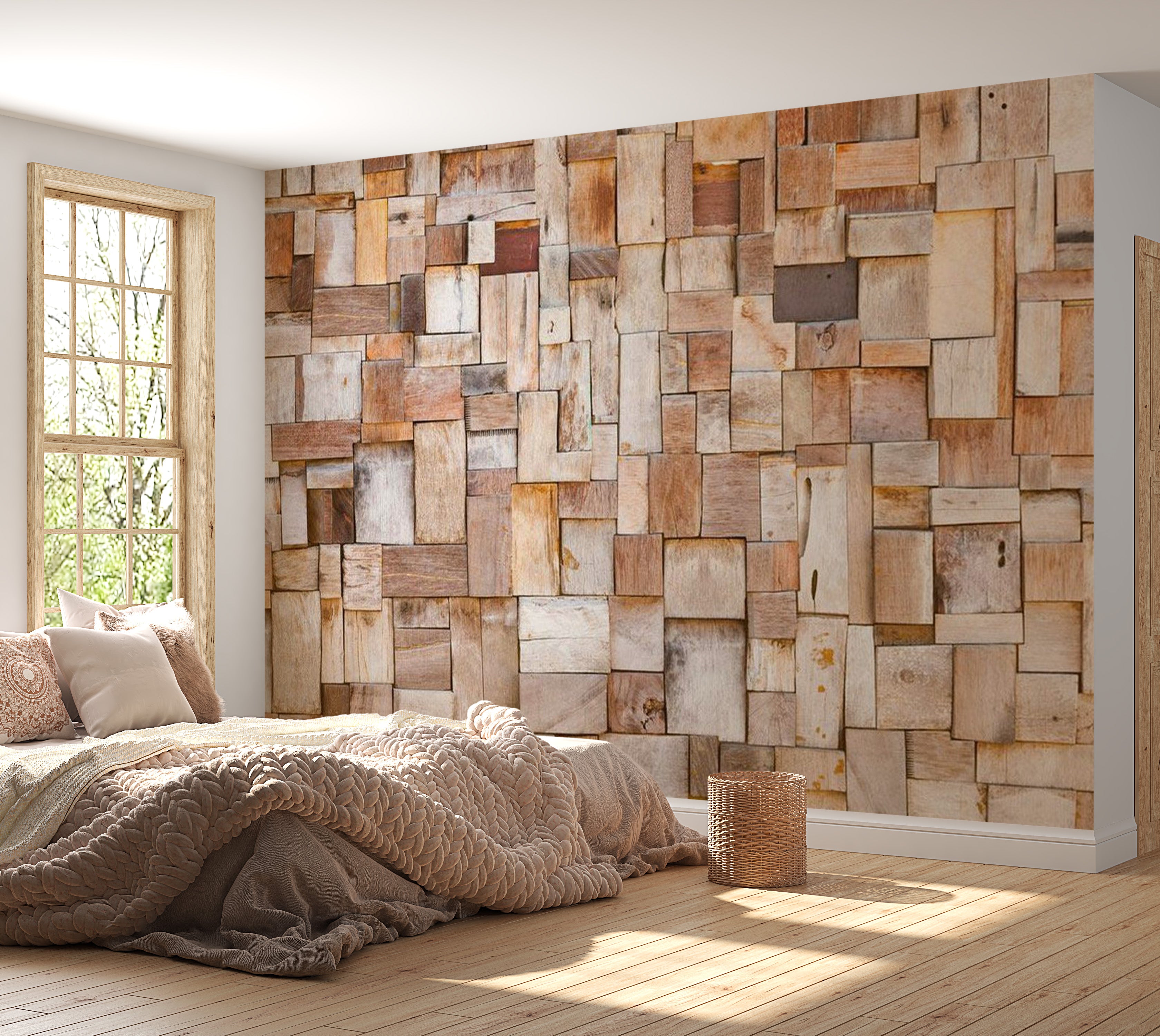 Background & Patterns Wallpaper Wall Mural - Wooden Bloks Mosaic 39"Wx27"H