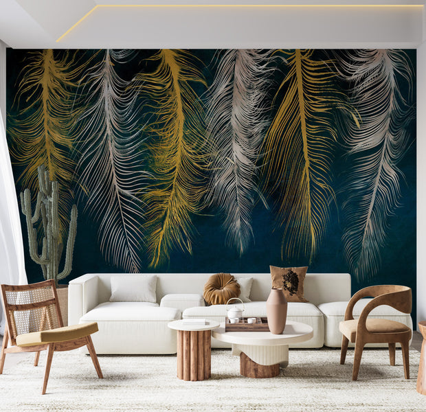 Peel & Stick Abstract Wall Mural - Gilded Feathers 38"Wx27"H