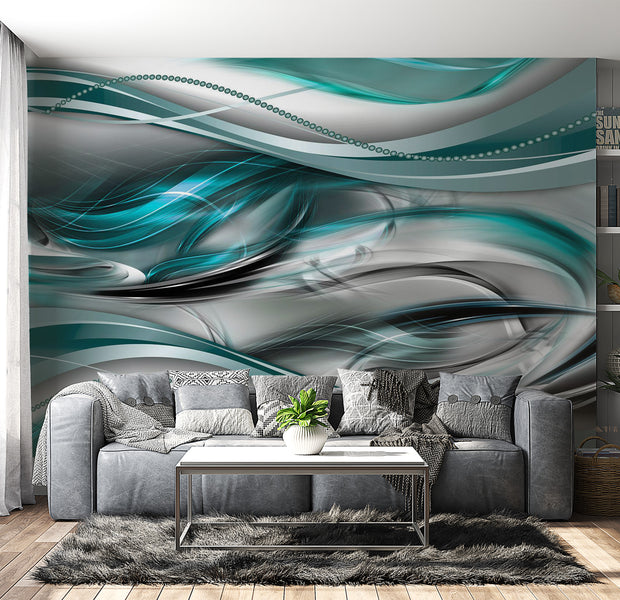 Peel & Stick Abstract Wall Mural - Turquoise Grey Waves 38"Wx27"H