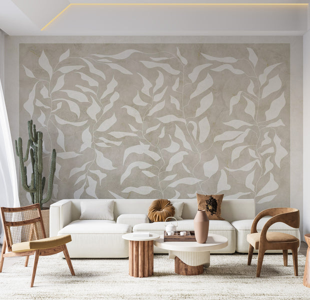 Peel & Stick Abstract Wall Mural - White Leaves on Beige Background 38"Wx27"H
