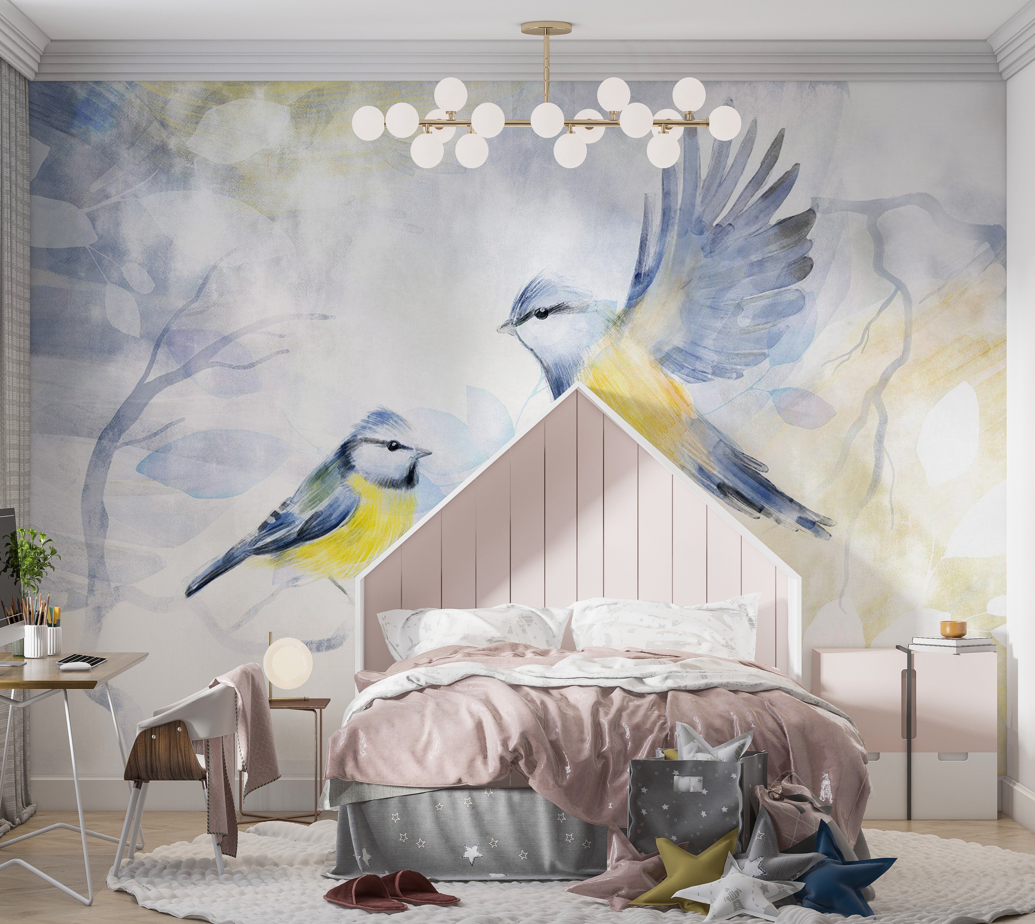 Peel & Stick Animal Wall Mural - Watercolor Birds Blue 38"Wx27"H