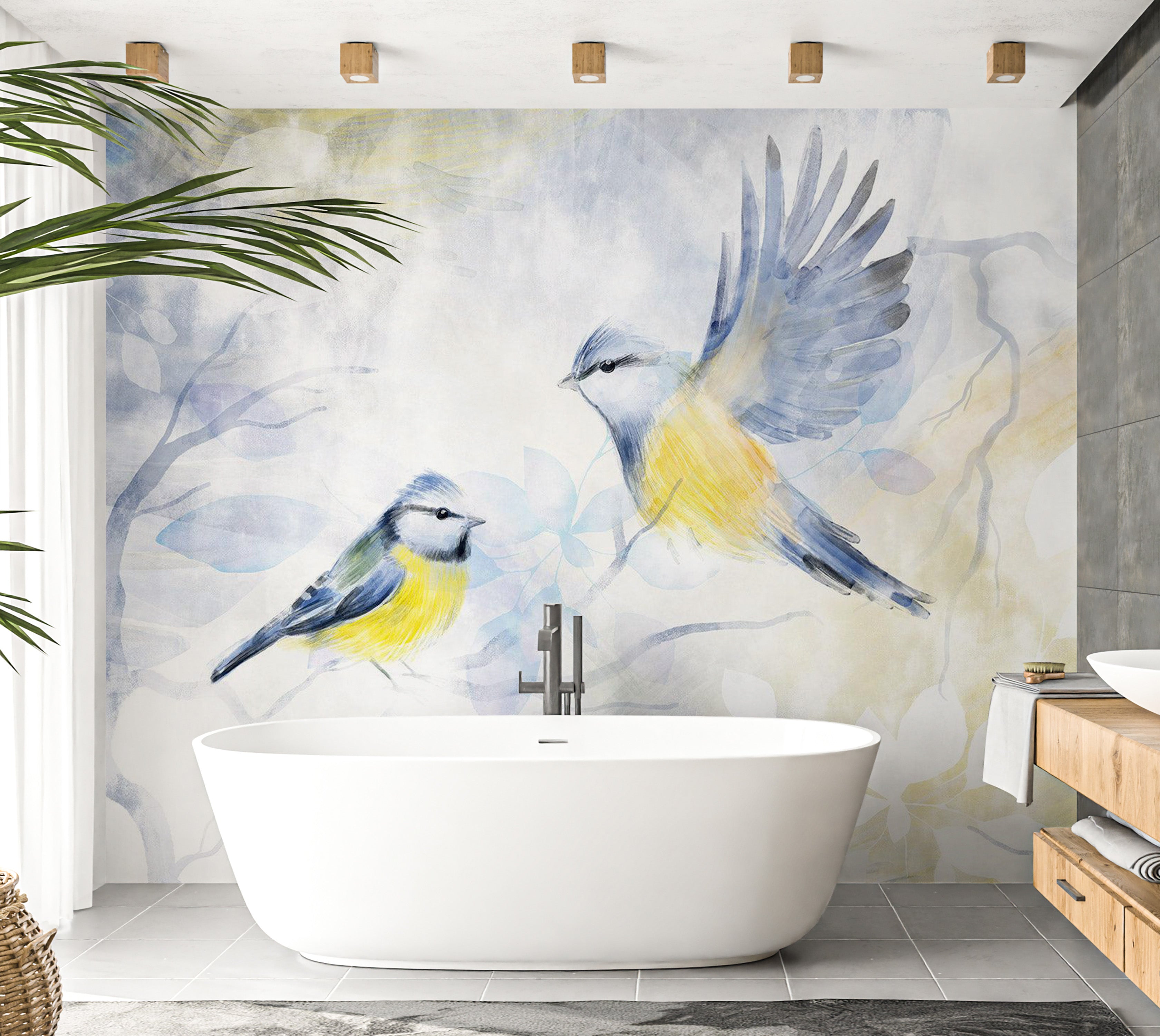 Peel & Stick Animal Wall Mural - Watercolor Birds Blue 38"Wx27"H