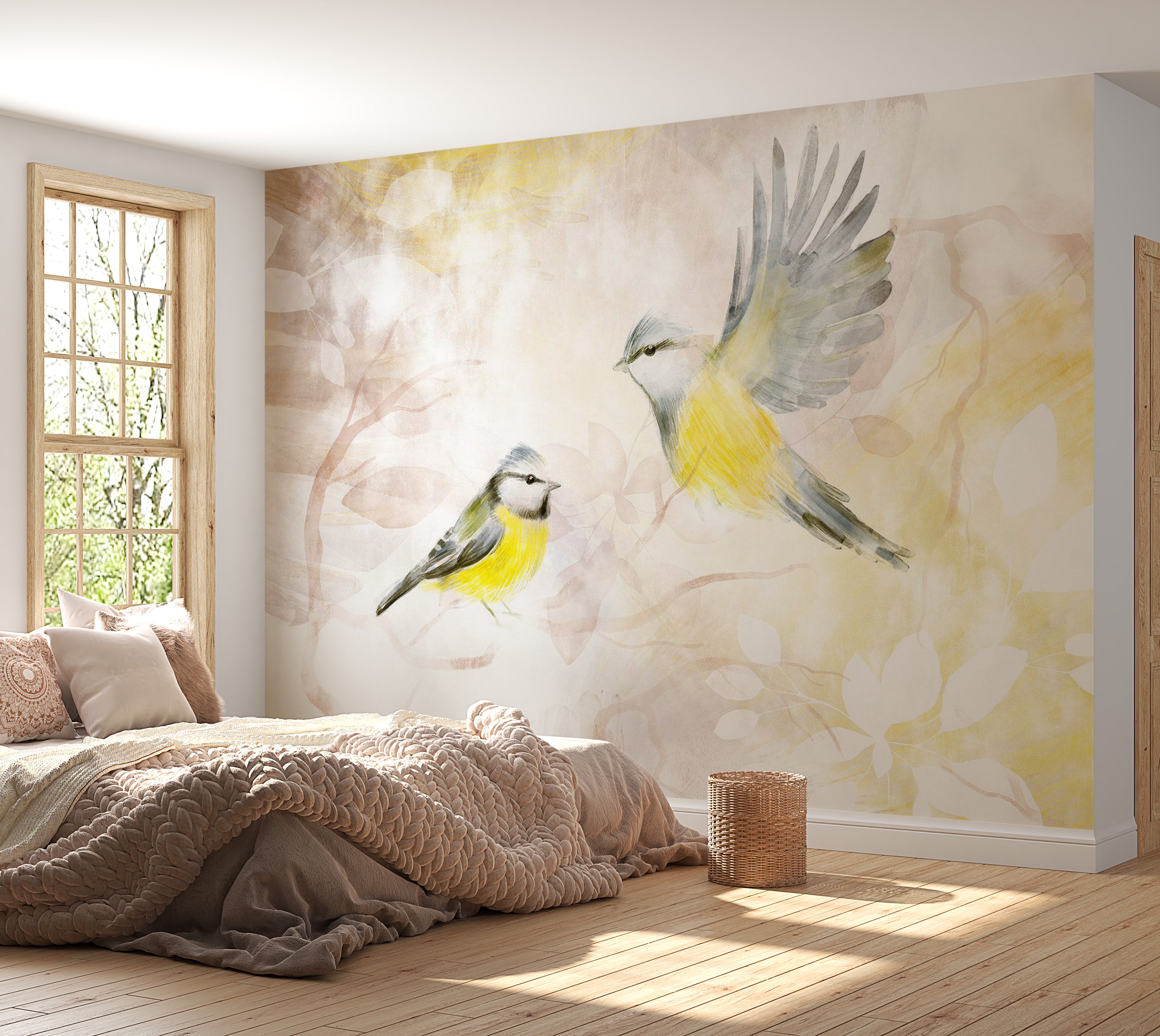 Peel & Stick Animal Wall Mural - Watercolor Birds Yellow 38"Wx27"H