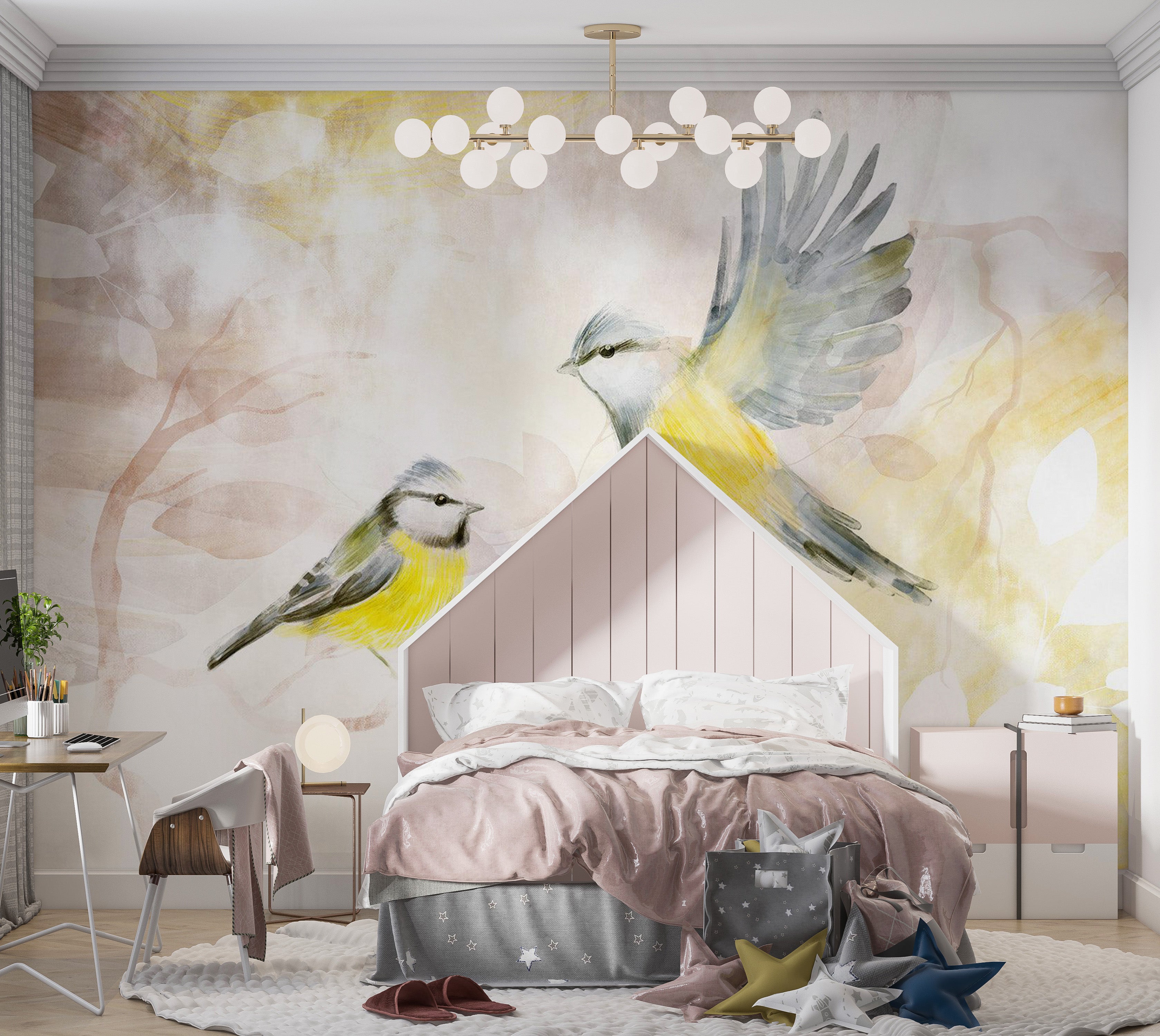 Peel & Stick Animal Wall Mural - Watercolor Birds Yellow 38"Wx27"H