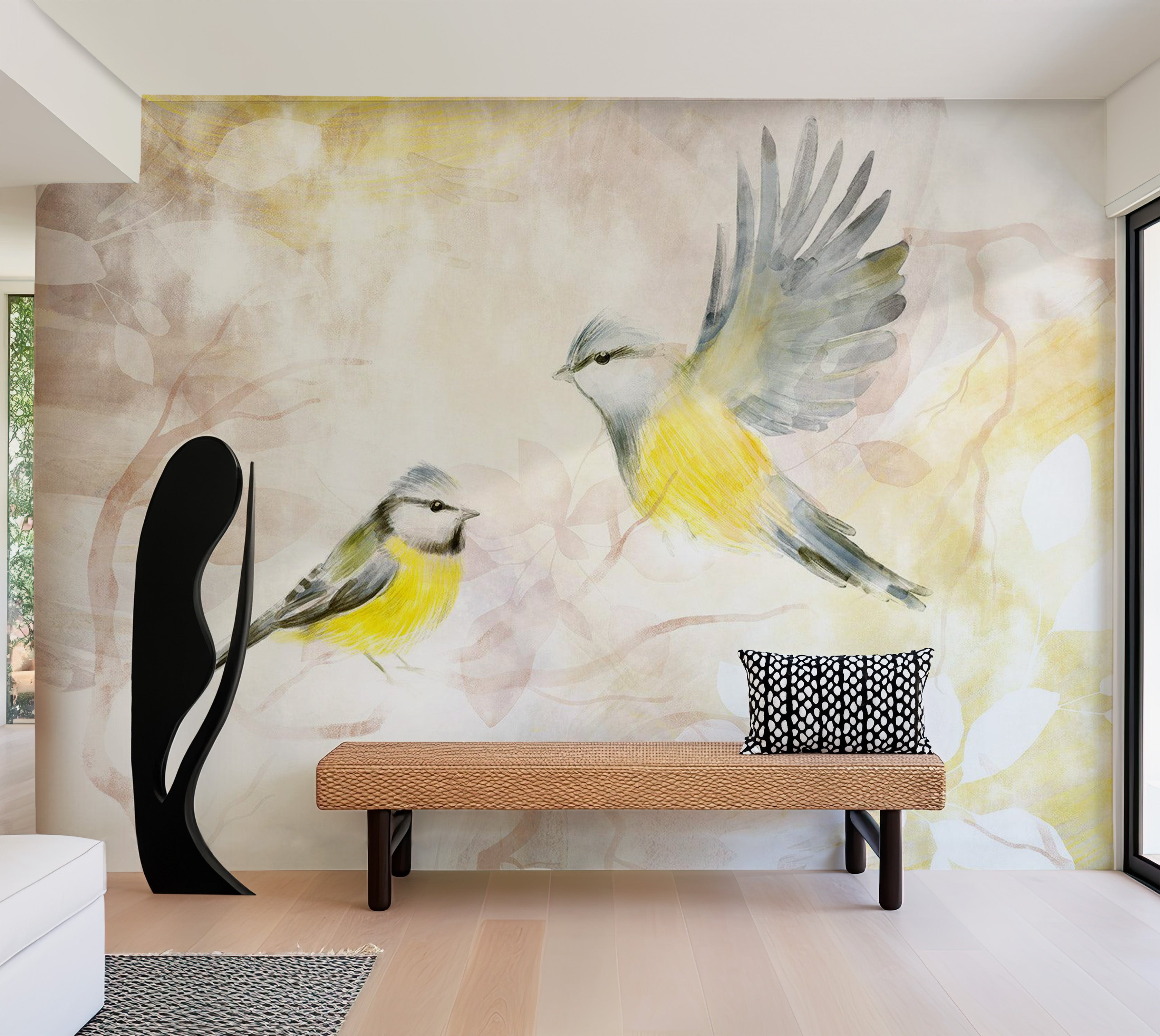 Peel & Stick Animal Wall Mural - Watercolor Birds Yellow 38"Wx27"H