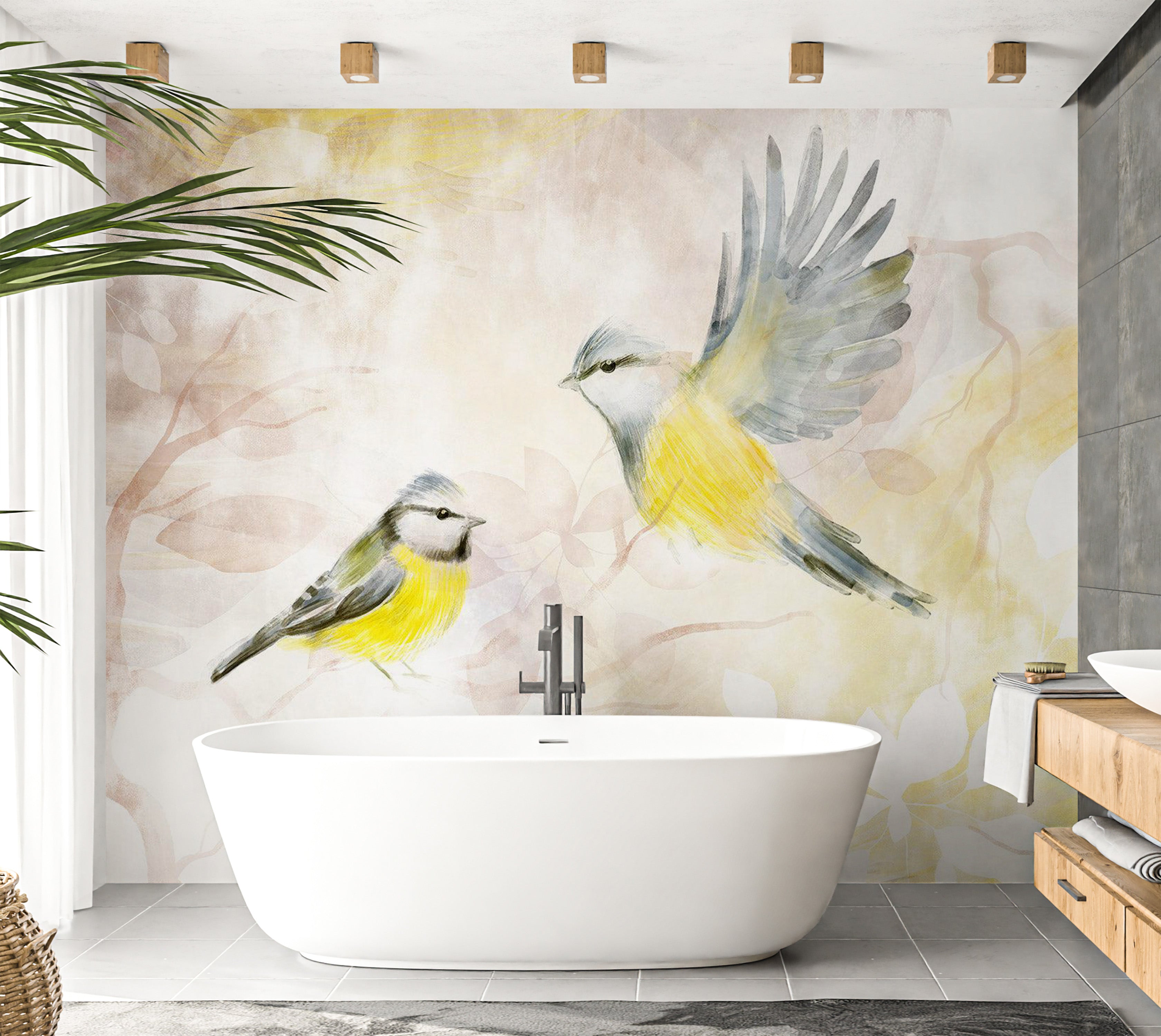 Peel & Stick Animal Wall Mural - Watercolor Birds Yellow 38"Wx27"H
