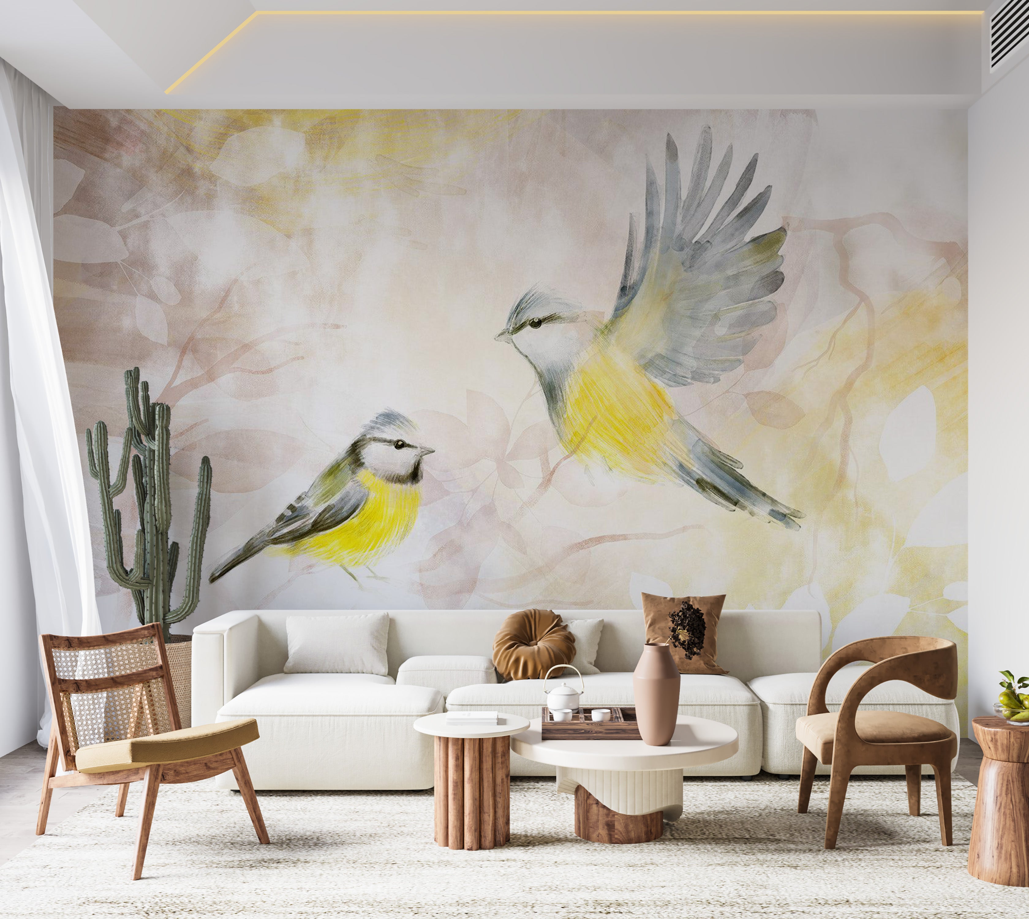 Peel & Stick Animal Wall Mural - Watercolor Birds Yellow 38"Wx27"H