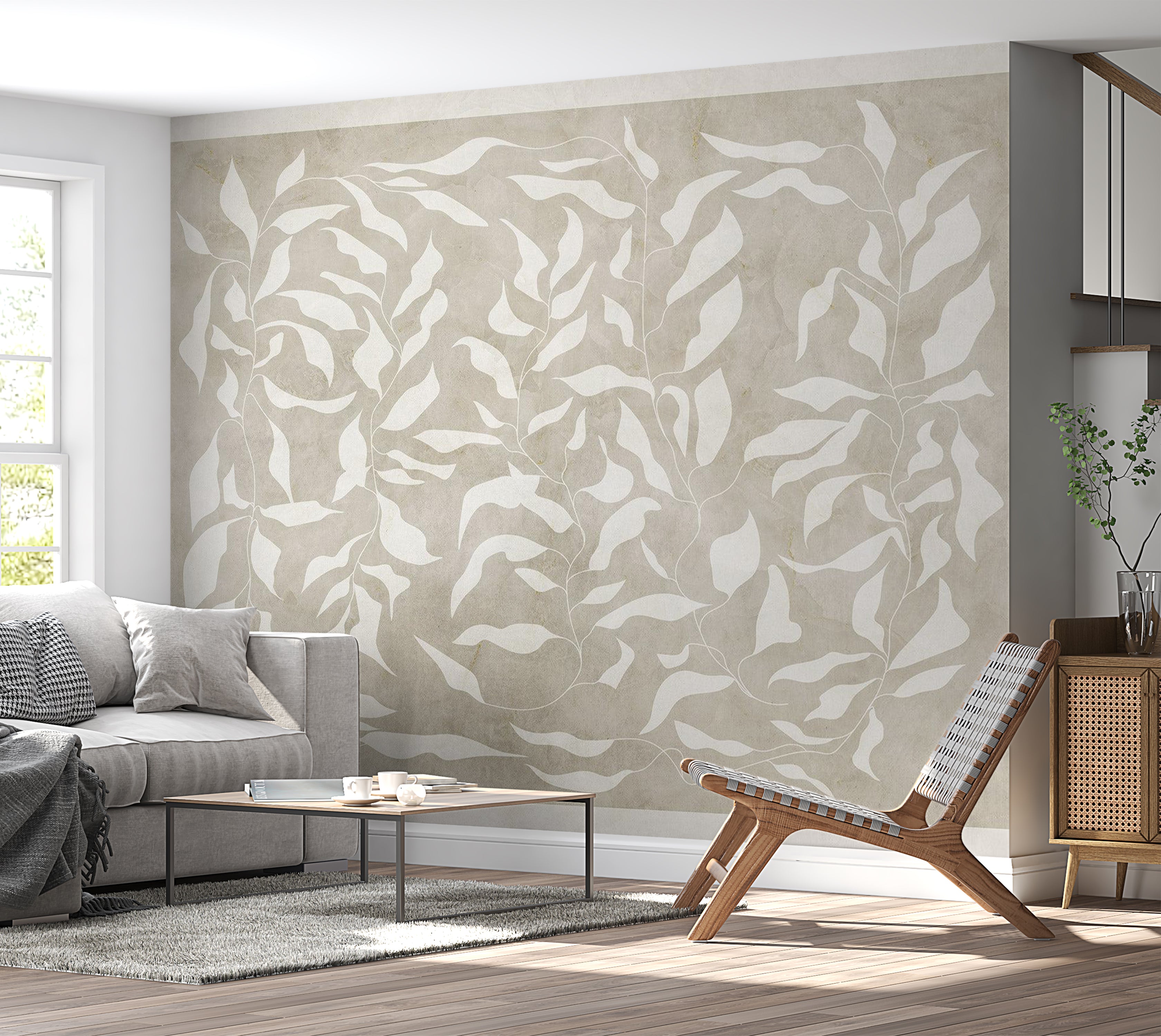 Abstract Wallpaper Wall Mural - White Leaves on Beige Background 39"Wx27"H / Standard