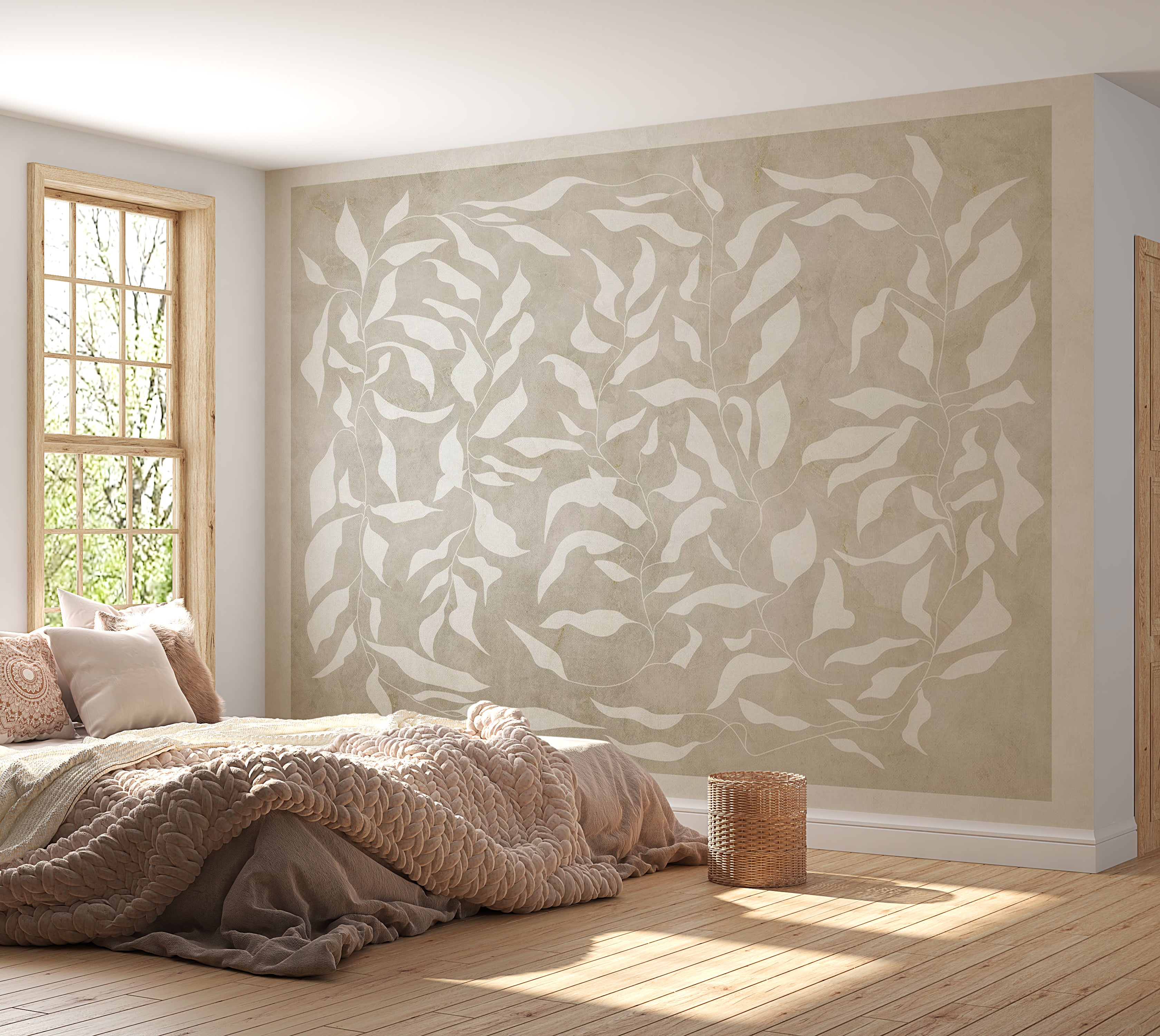 Abstract Wallpaper Wall Mural - White Leaves on Beige Background 39"Wx27"H / Standard