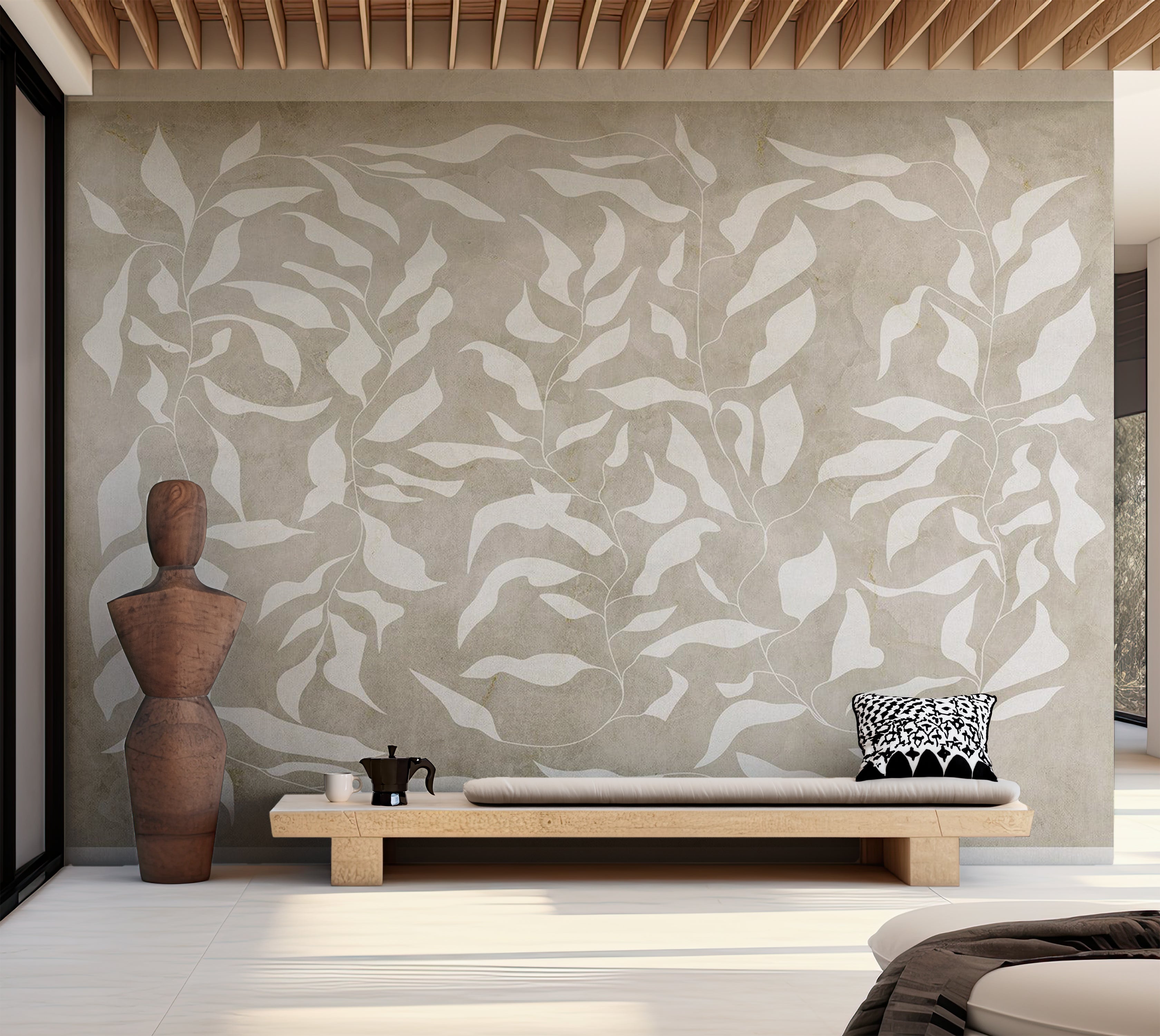 Abstract Wallpaper Wall Mural - White Leaves on Beige Background 39"Wx27"H / Standard