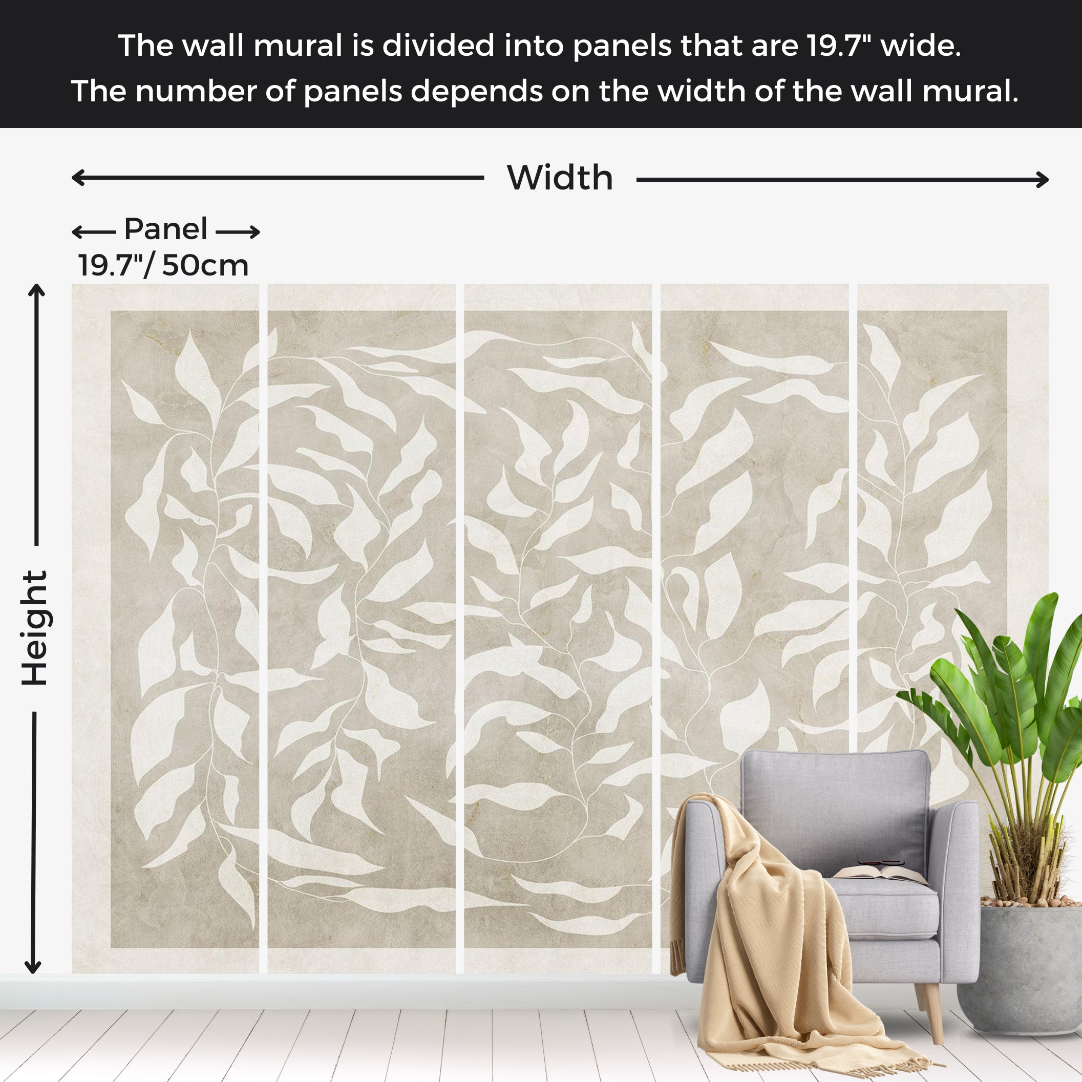 Abstract Wallpaper Wall Mural - White Leaves on Beige Background 39"Wx27"H / Standard