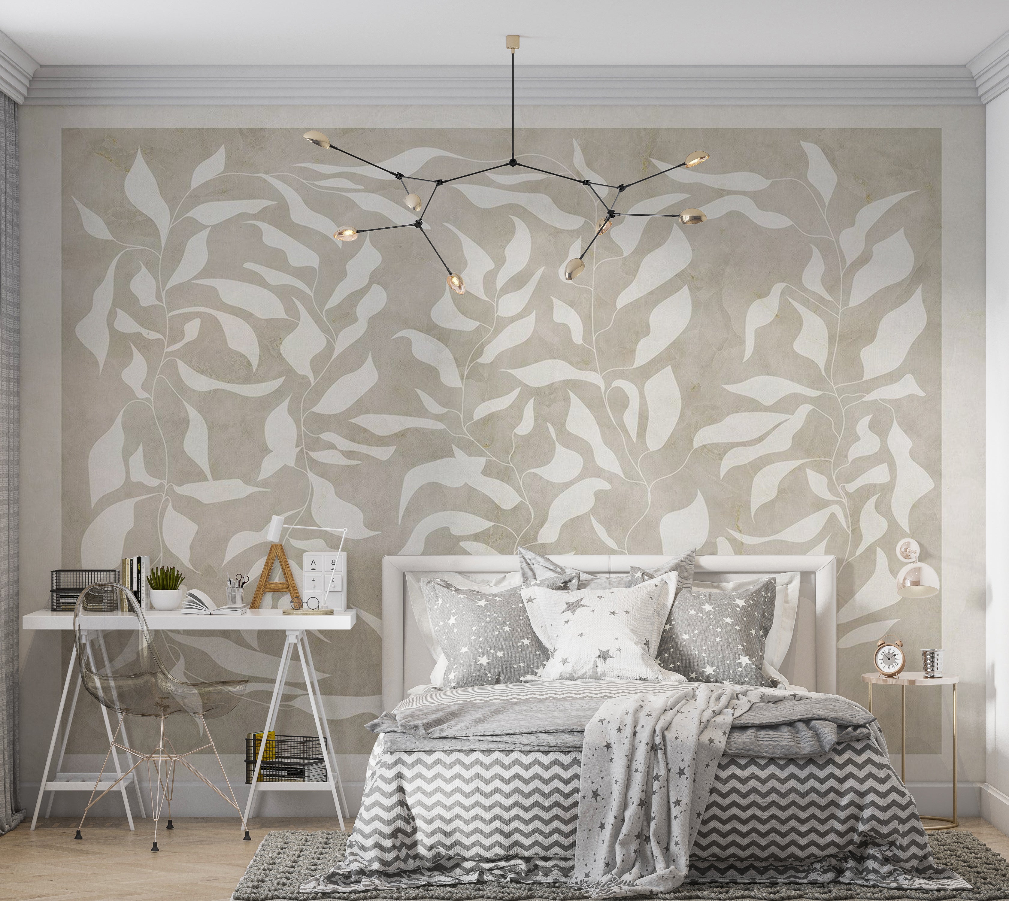 Abstract Wallpaper Wall Mural - White Leaves on Beige Background 39"Wx27"H / Standard