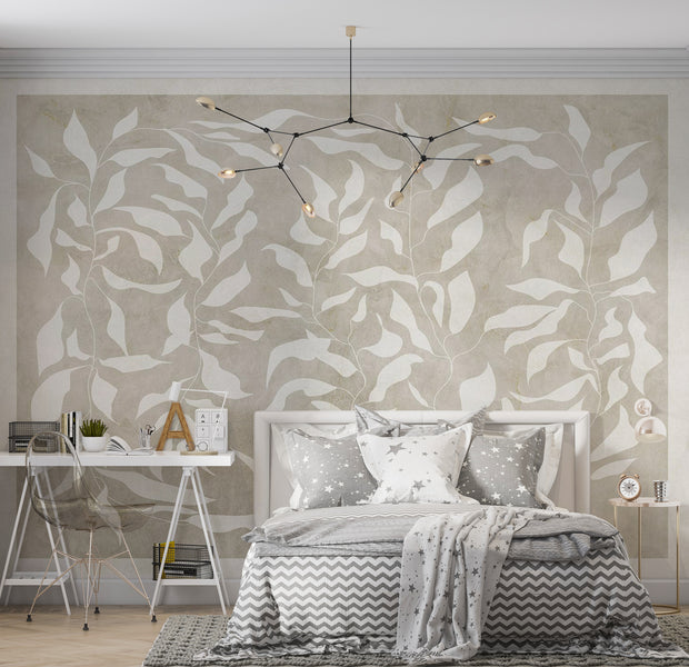 Abstract Wallpaper Wall Mural - White Leaves on Beige Background 39"Wx27"H / Standard