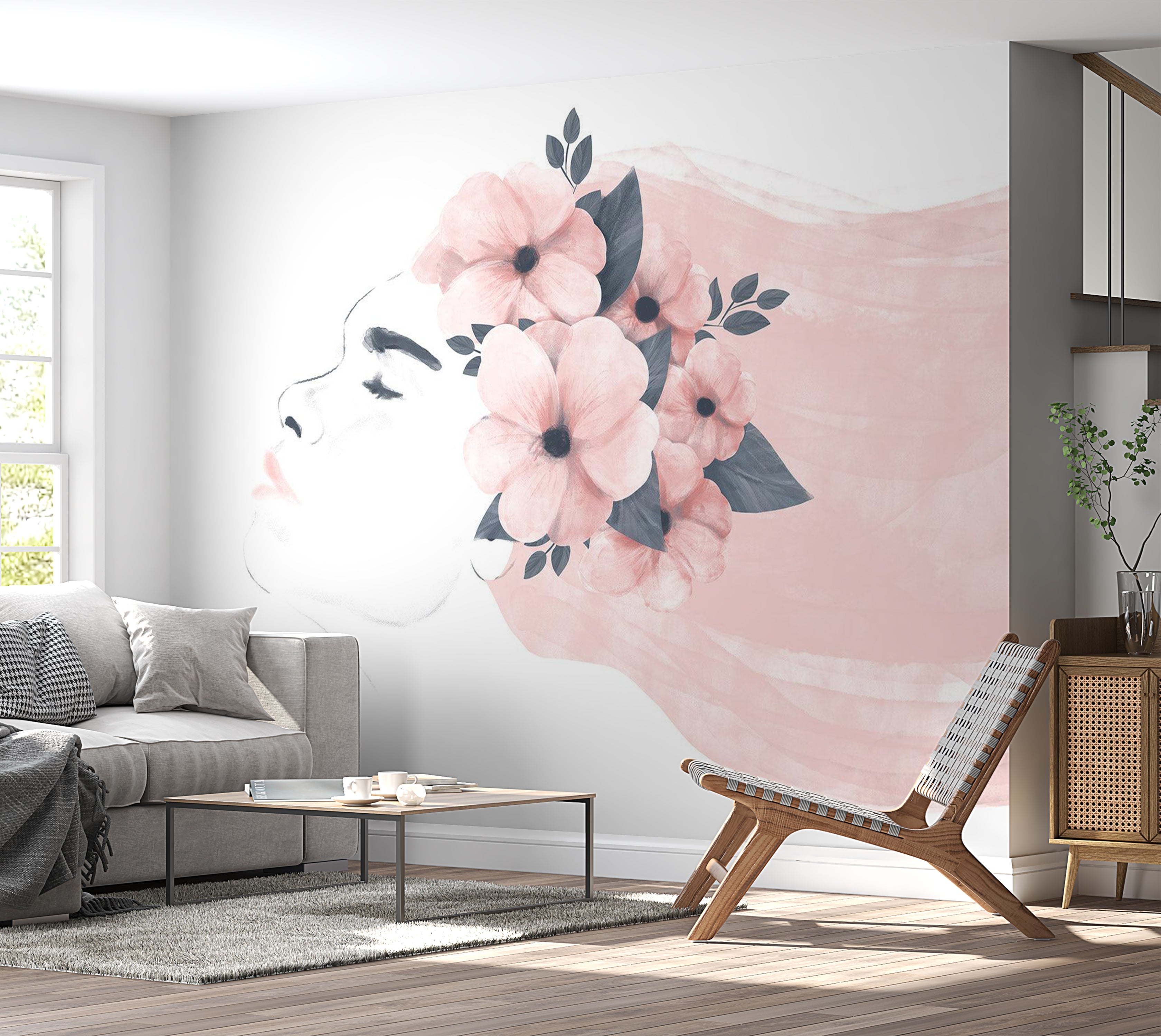 Abstract Wallpaper Wall Mural - Woman With Flowers 39"Wx27"H / Standard