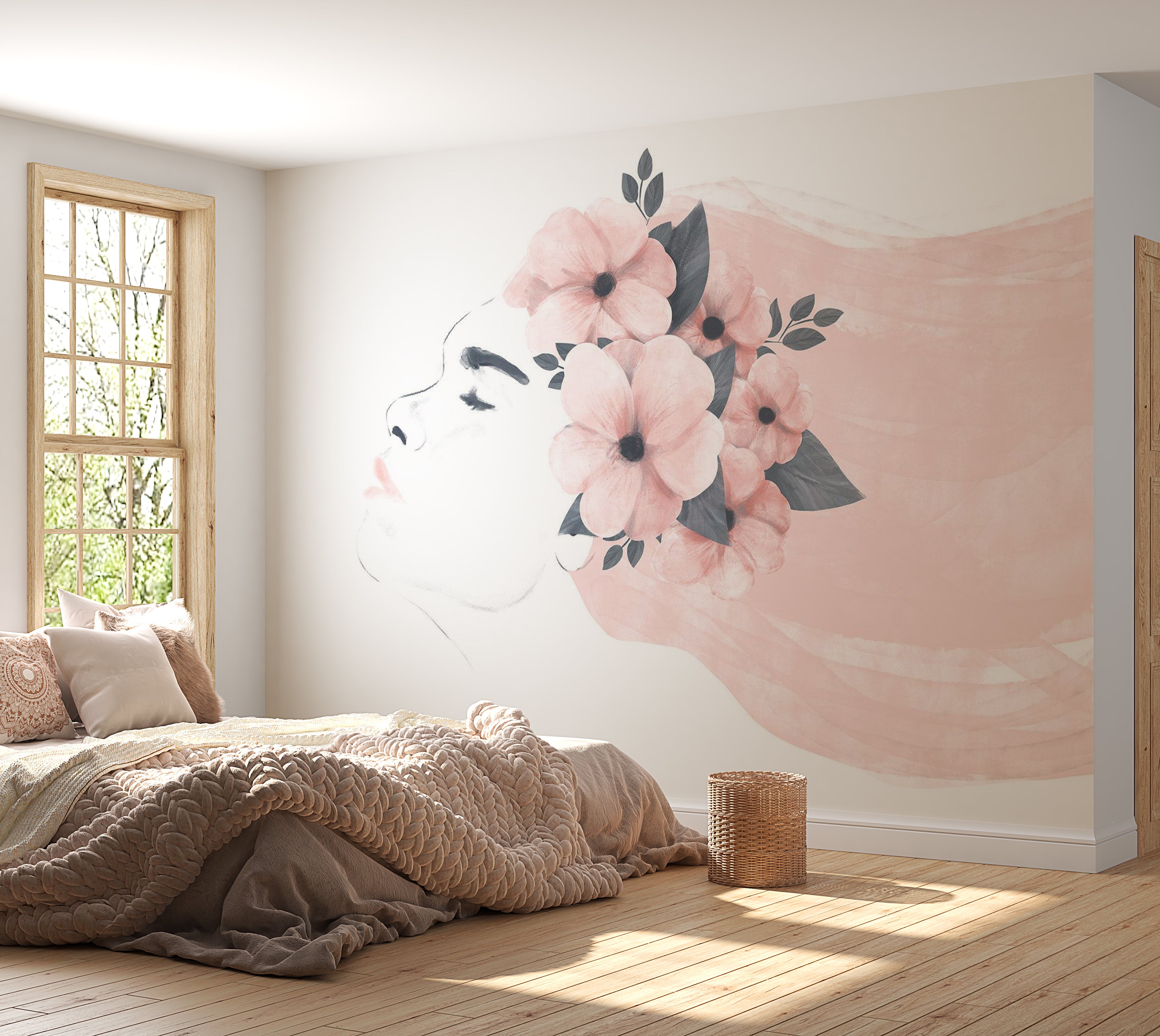 Abstract Wallpaper Wall Mural - Woman With Flowers 39"Wx27"H / Standard