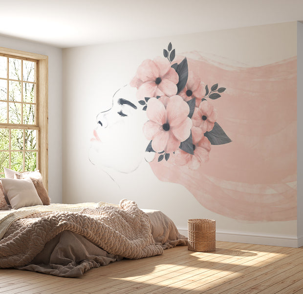 Abstract Wallpaper Wall Mural - Woman With Flowers 39"Wx27"H / Standard