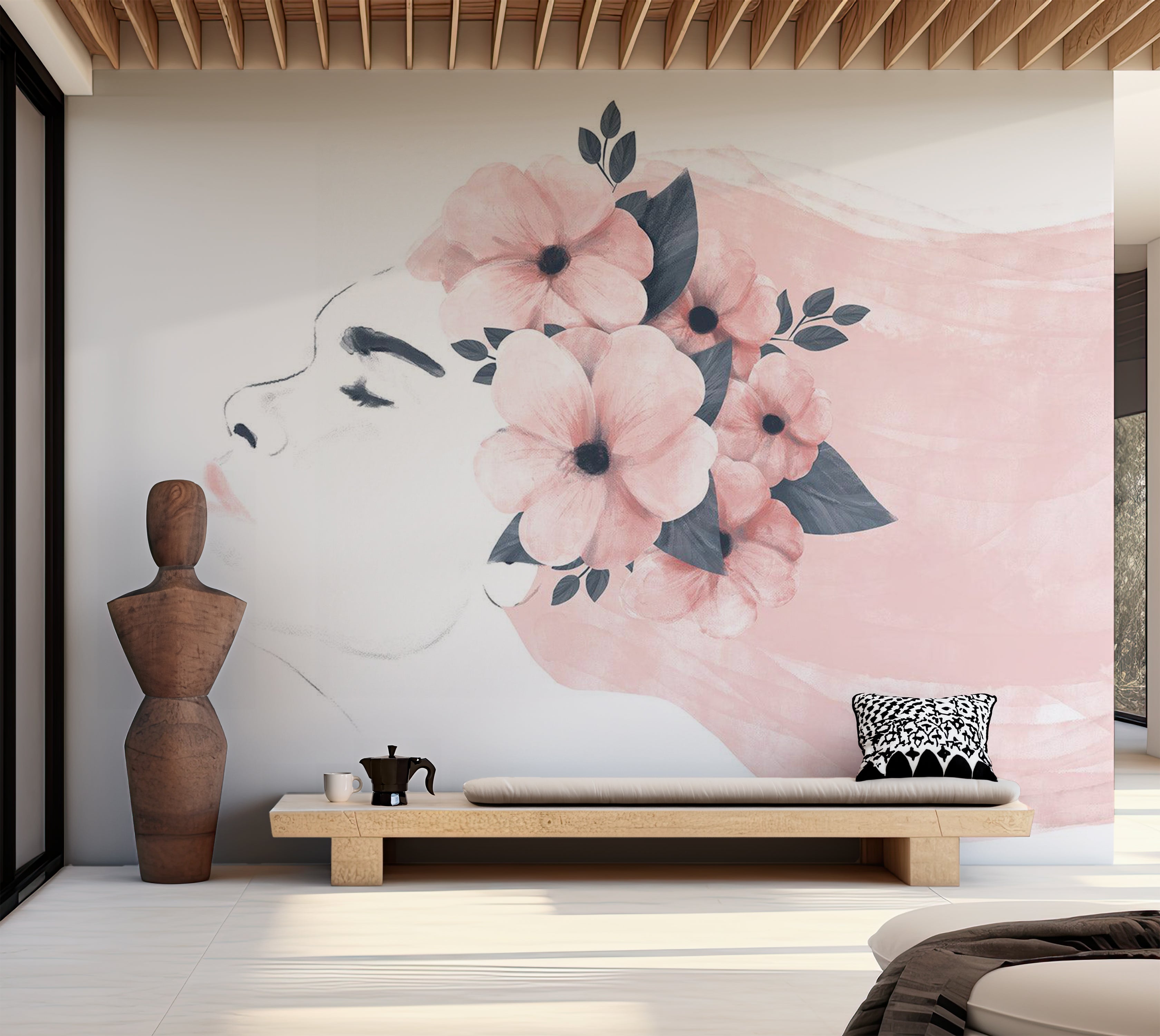 Abstract Wallpaper Wall Mural - Woman With Flowers 39"Wx27"H / Standard