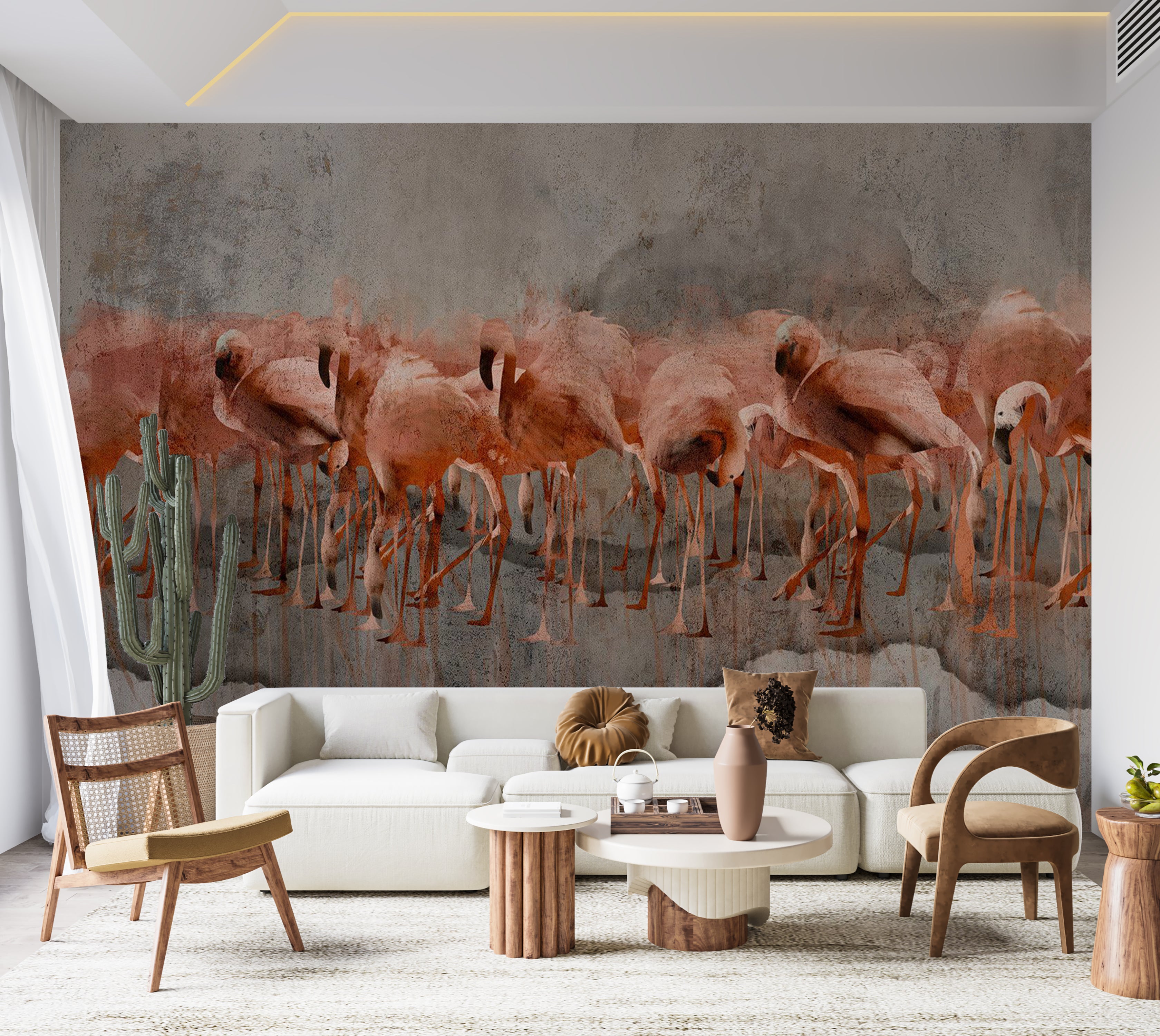 Animal Wallpaper Wall Mural - Flamingos on Concrete Background 39"Wx27"H / Standard