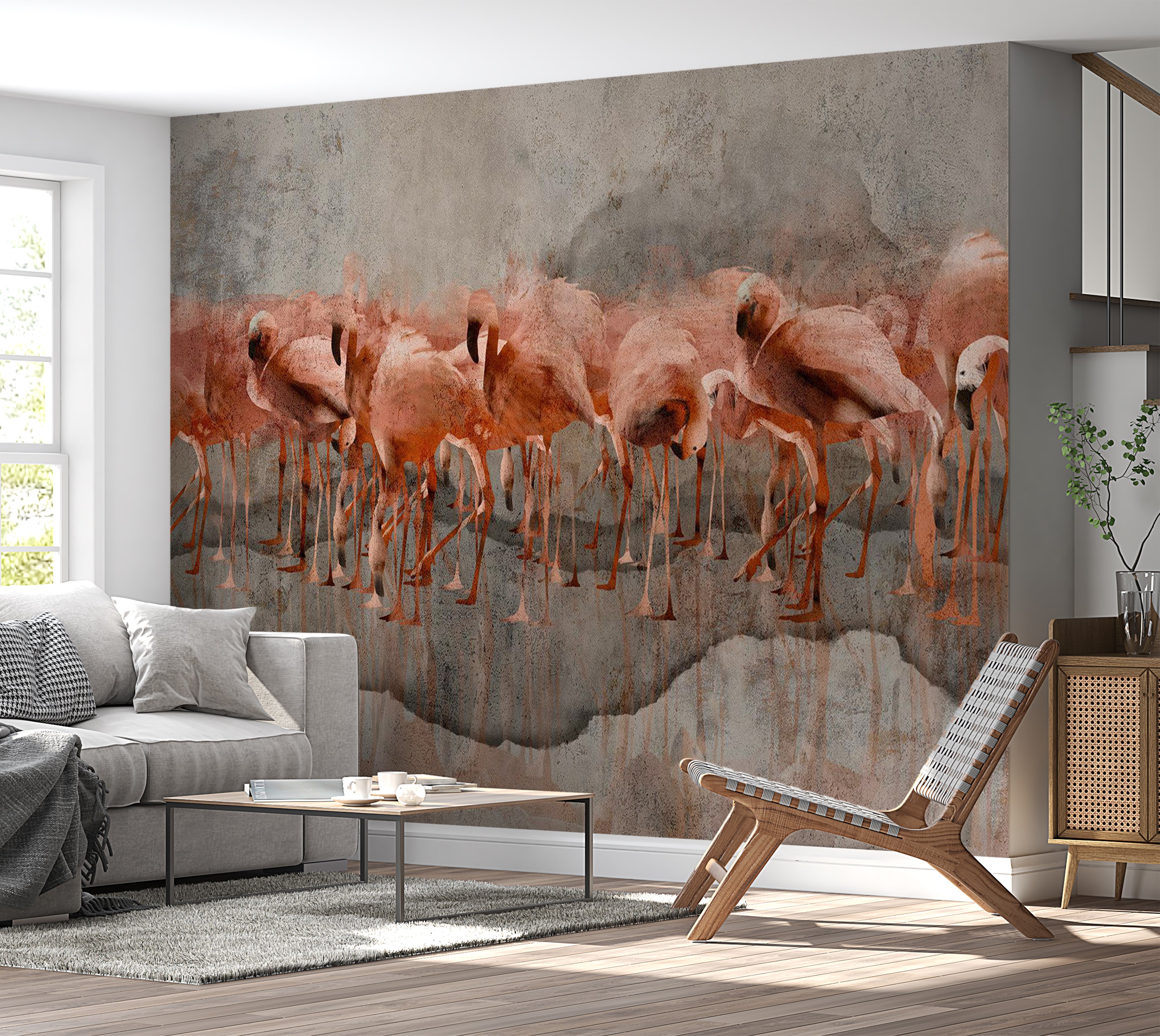 Animal Wallpaper Wall Mural - Flamingos on Concrete Background 39"Wx27"H / Standard