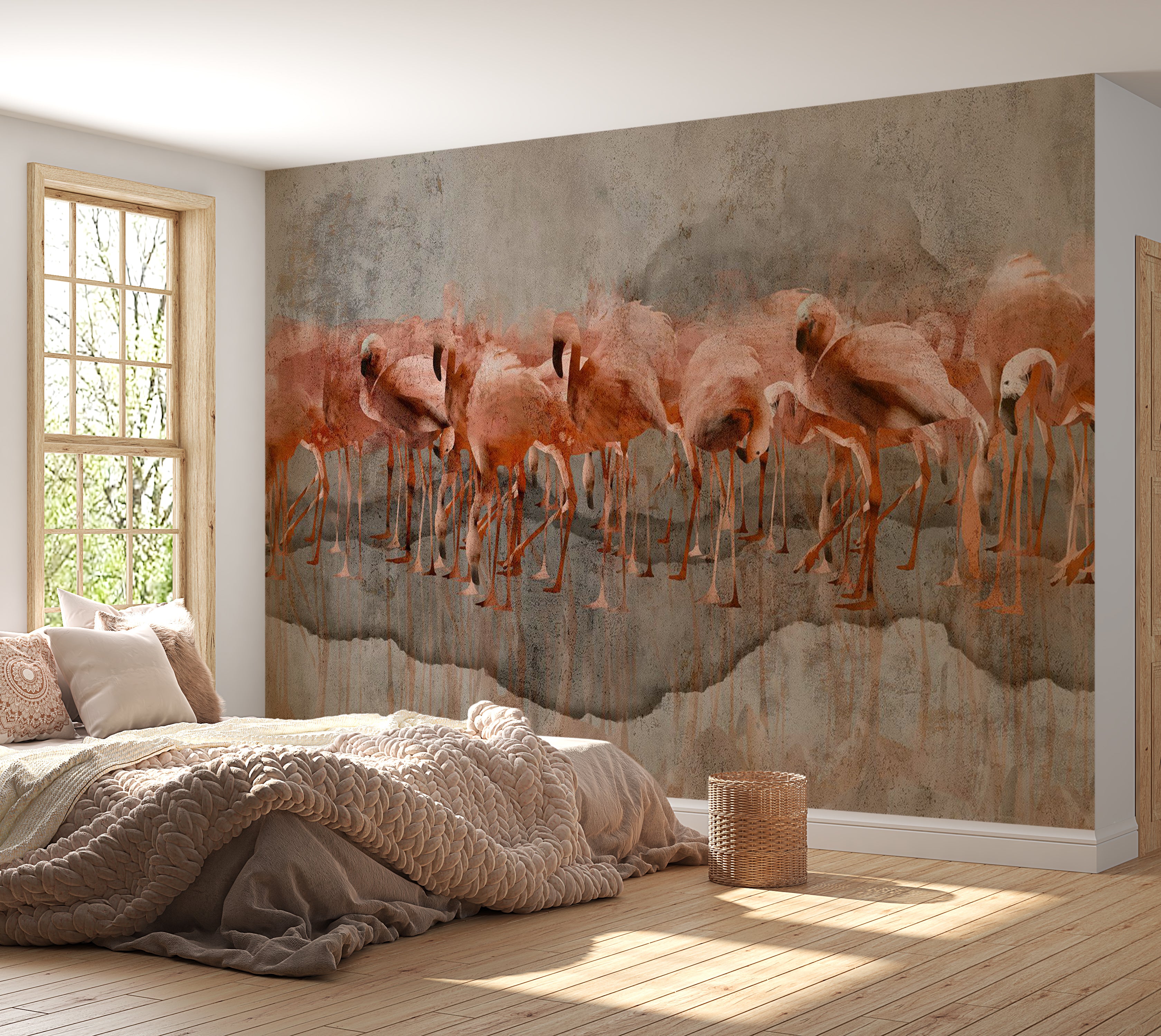 Animal Wallpaper Wall Mural - Flamingos on Concrete Background 39"Wx27"H / Standard