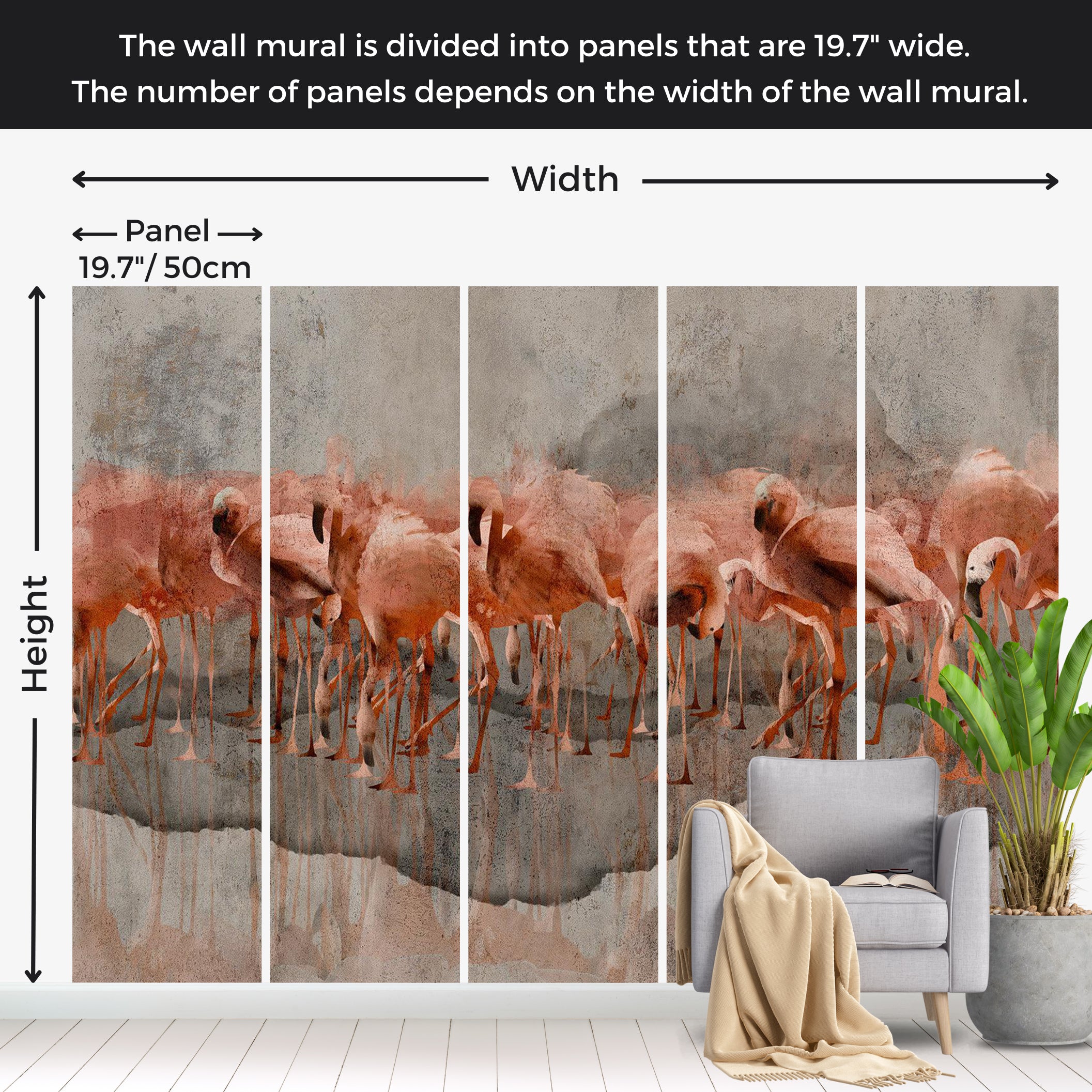 Animal Wallpaper Wall Mural - Flamingos on Concrete Background 39"Wx27"H / Standard