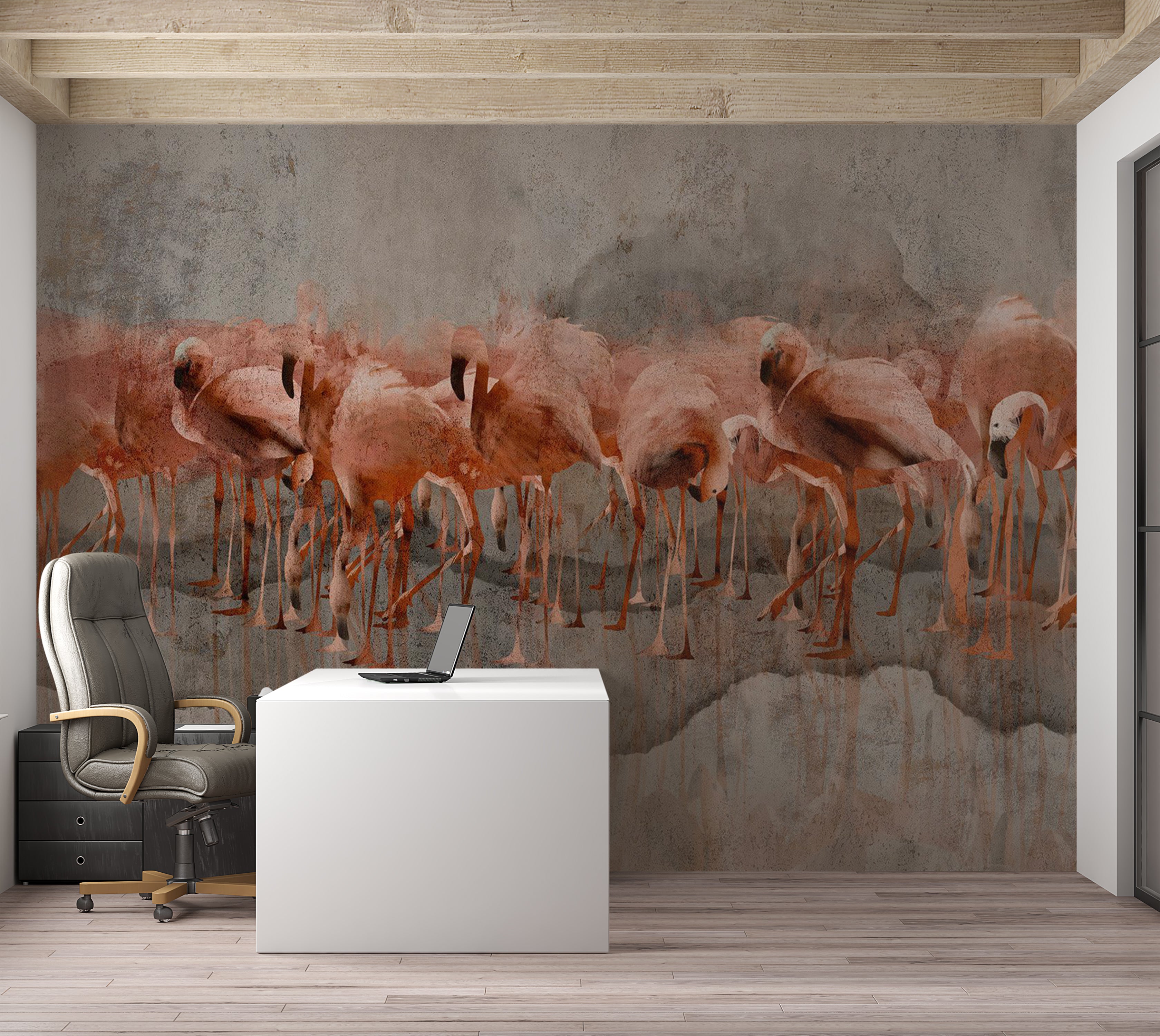 Animal Wallpaper Wall Mural - Flamingos on Concrete Background 39"Wx27"H / Standard