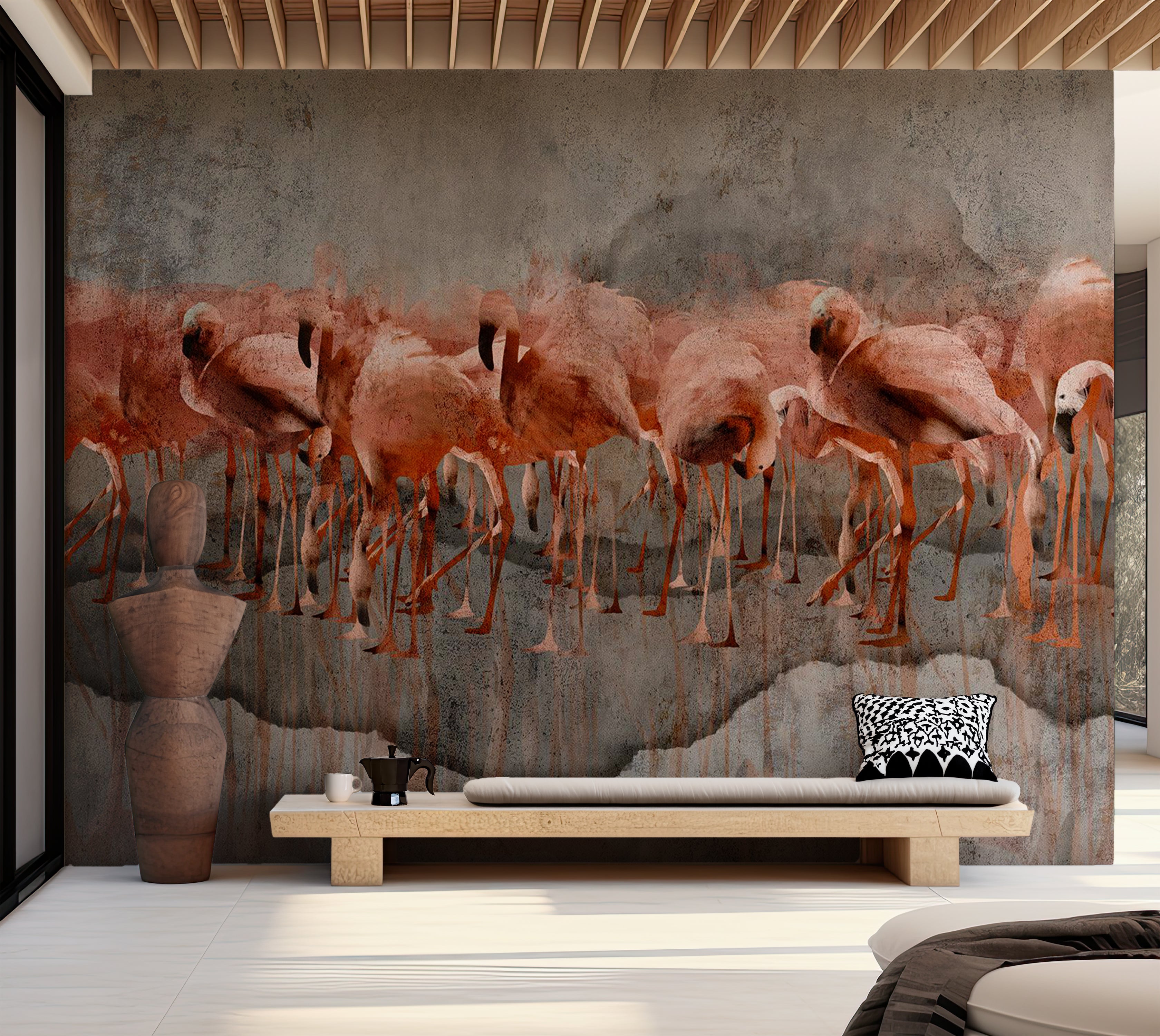 Animal Wallpaper Wall Mural - Flamingos on Concrete Background 39"Wx27"H / Standard