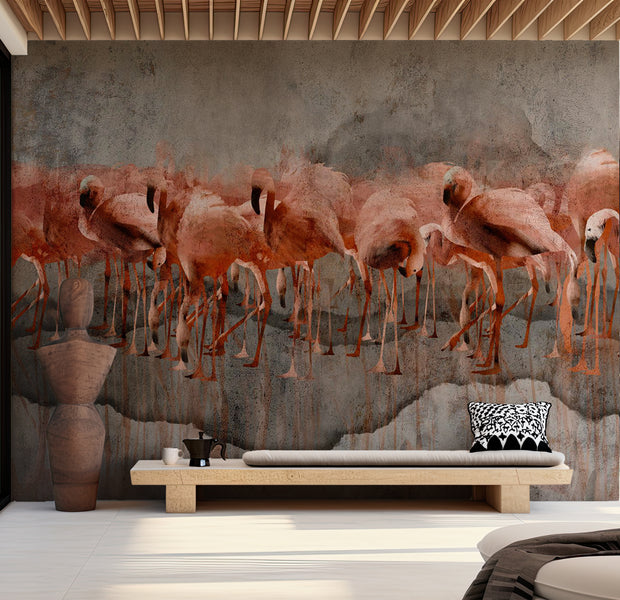 Animal Wallpaper Wall Mural - Flamingos on Concrete Background 39"Wx27"H / Standard