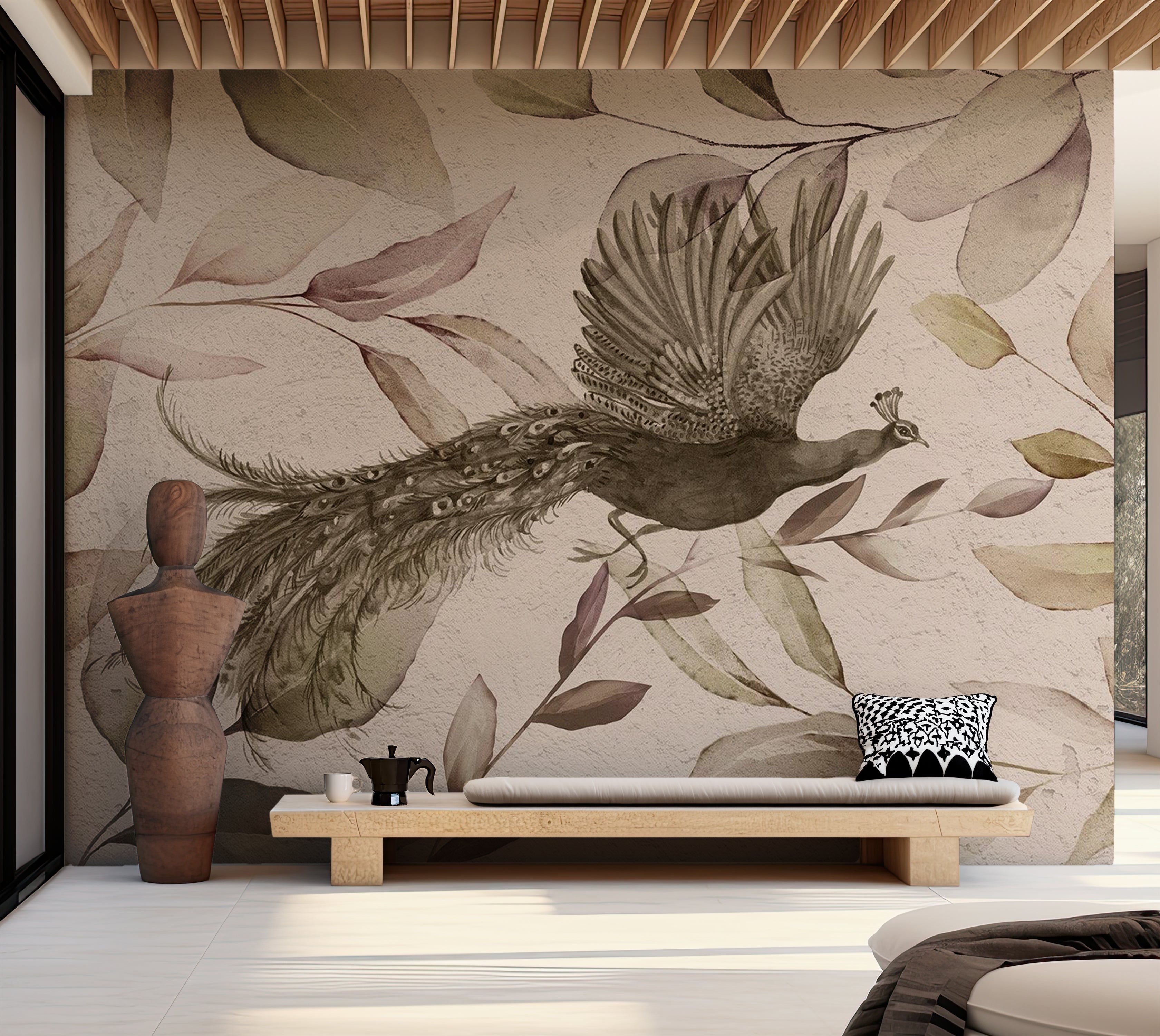 Animal Wallpaper Wall Mural - Peacock in Cool Tones 39"Wx27"H / Standard