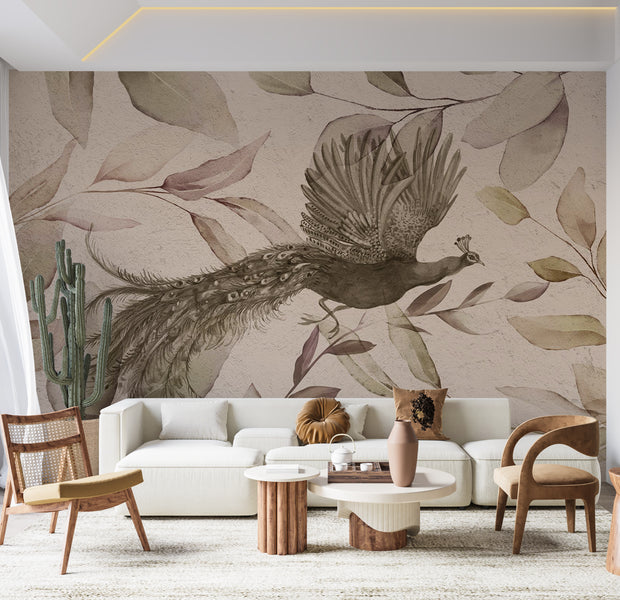 Animal Wallpaper Wall Mural - Peacock in Cool Tones 39"Wx27"H / Standard