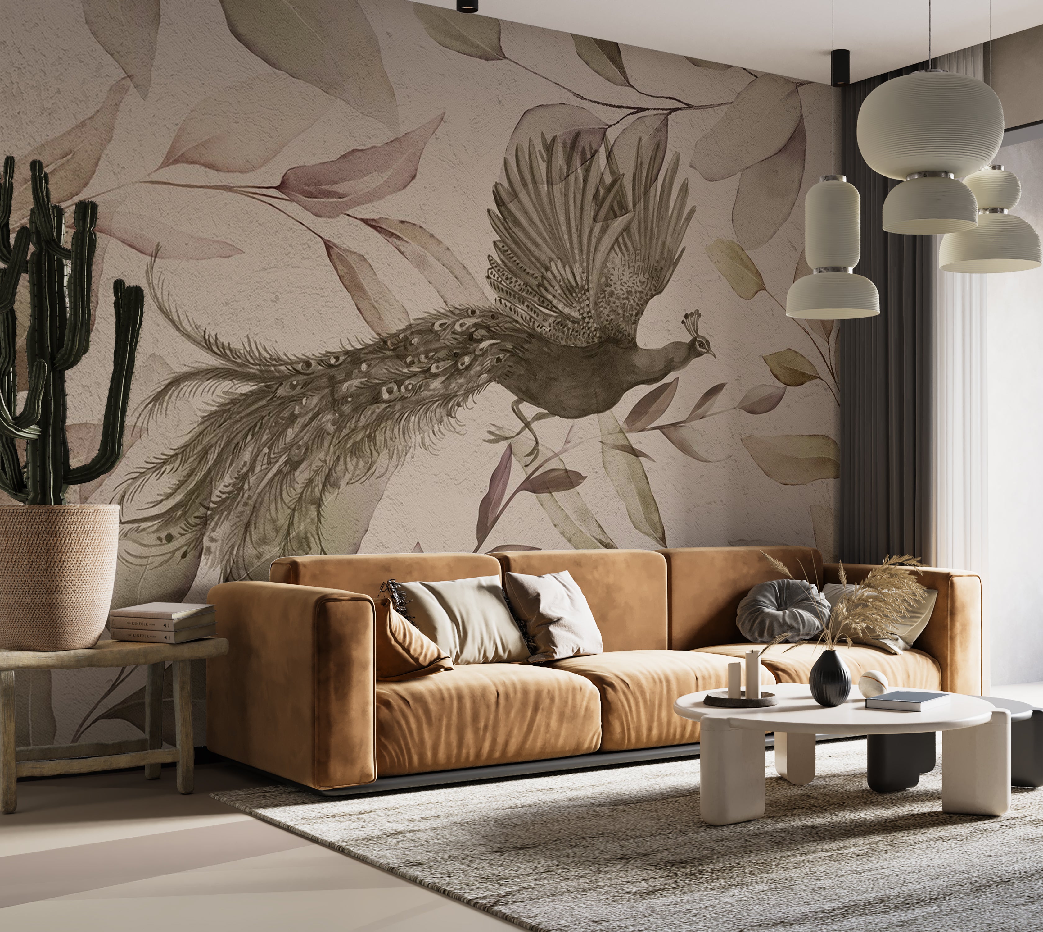 Animal Wallpaper Wall Mural - Peacock in Cool Tones 39"Wx27"H / Standard