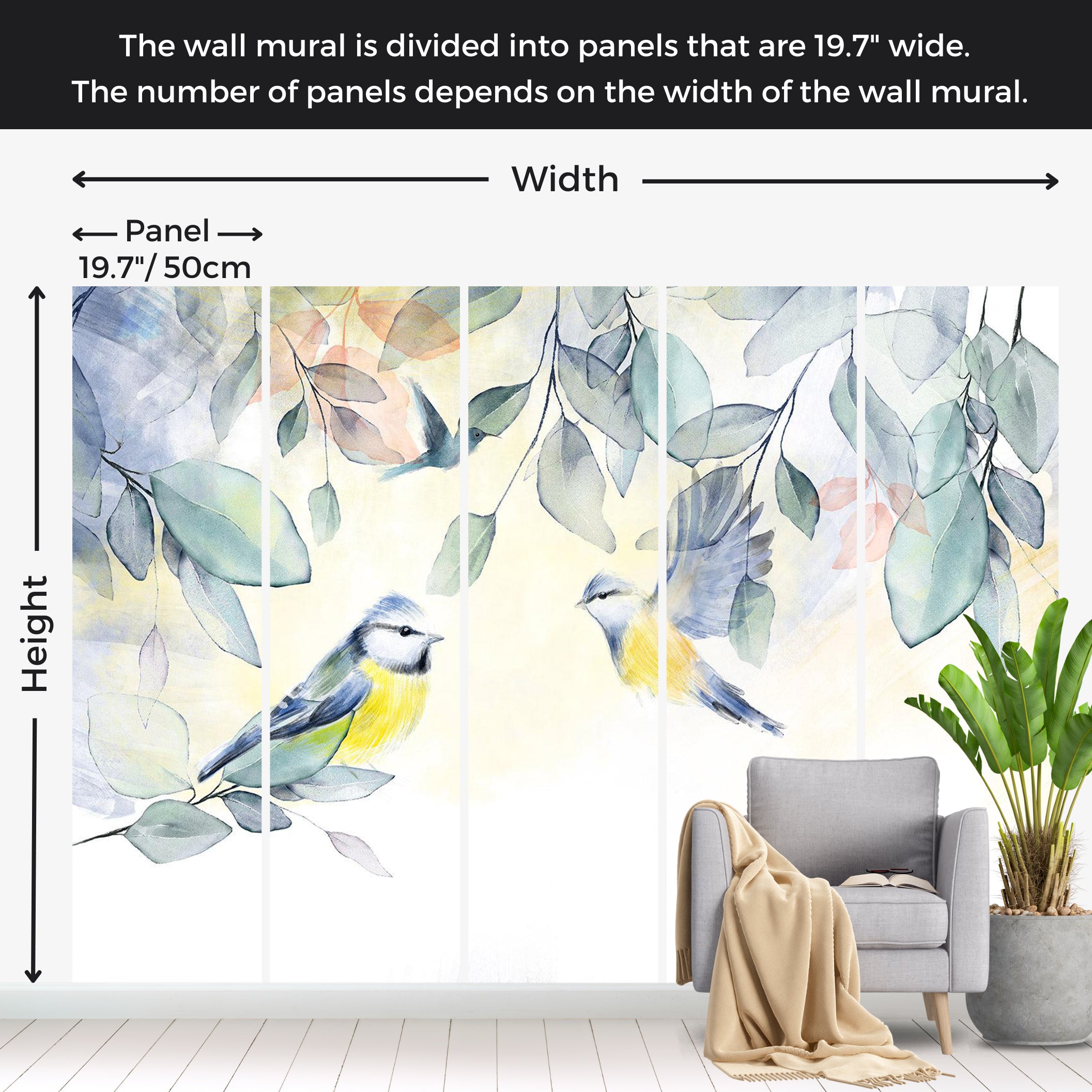 Animal Wallpaper Wall Mural - Watercolor Birds 39"Wx27"H / Standard