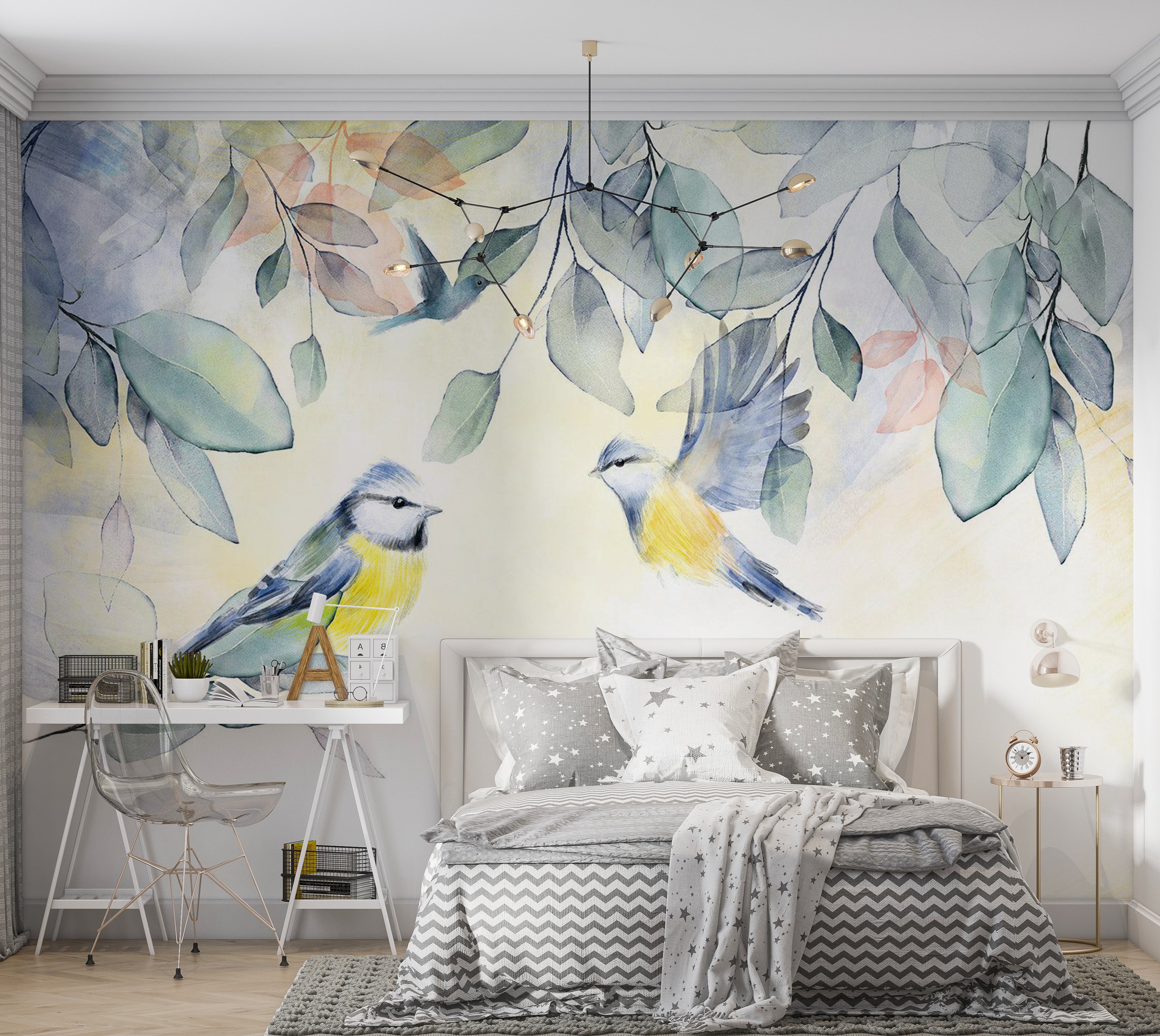Animal Wallpaper Wall Mural - Watercolor Birds 39"Wx27"H / Standard