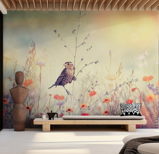Botanical Wallpaper Wall Mural - Bird in Field 39"Wx27"H / Standard