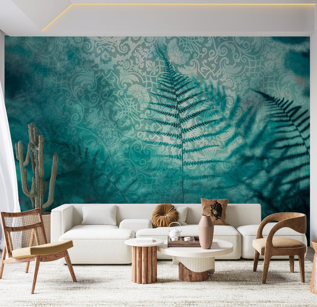Botanical Wallpaper Wall Mural - Blue Fern Shadows 39"Wx27"H / Standard