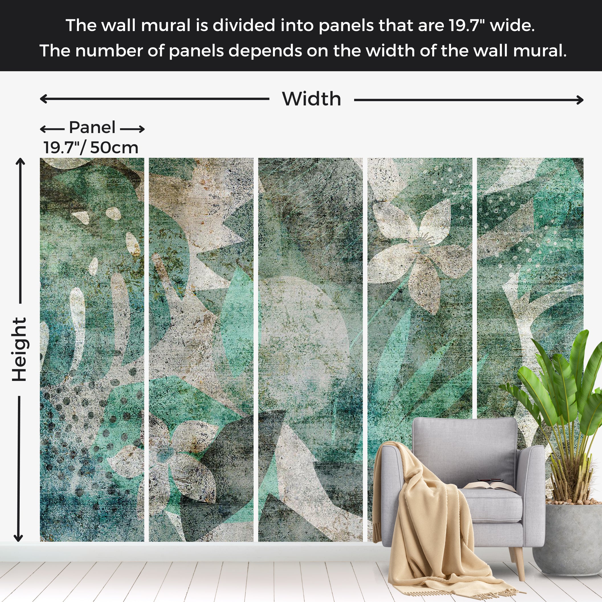 Botanical Wallpaper Wall Mural - Floristic Abstract Design 39"Wx27"H / Standard