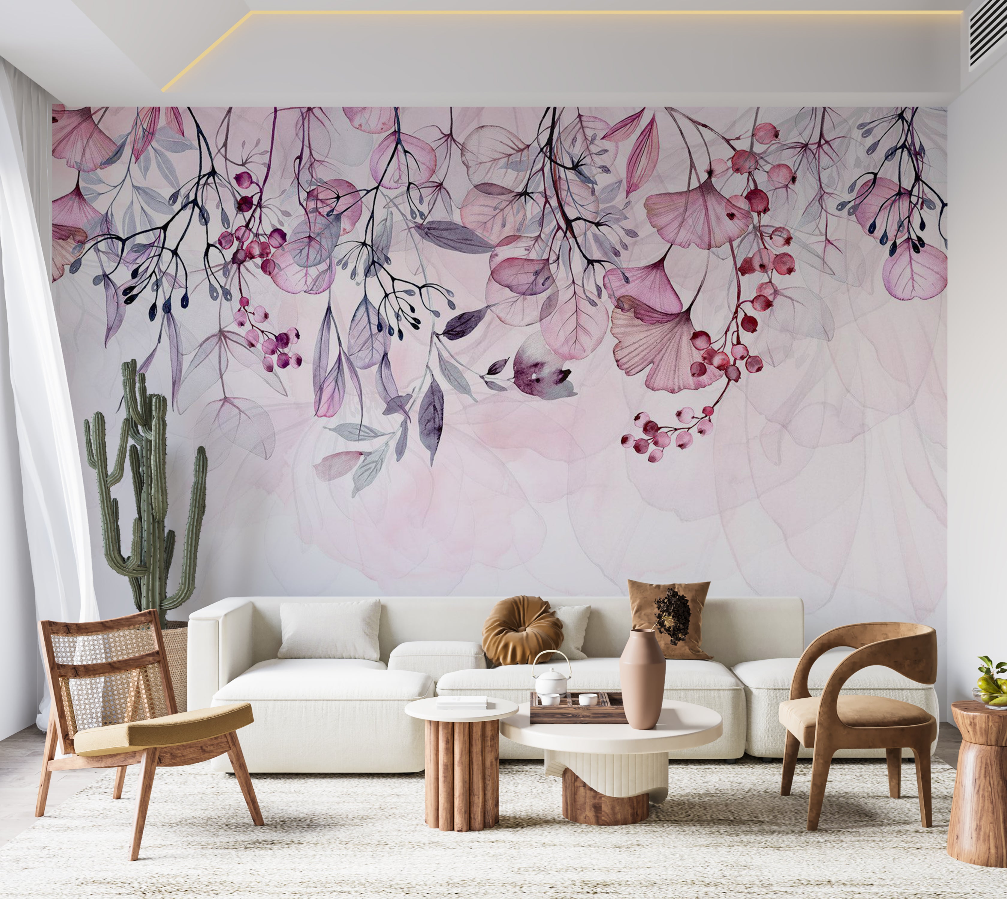 Botanical Wallpaper Wall Mural - Foggy Pink Nature 39"Wx27"H / Standard