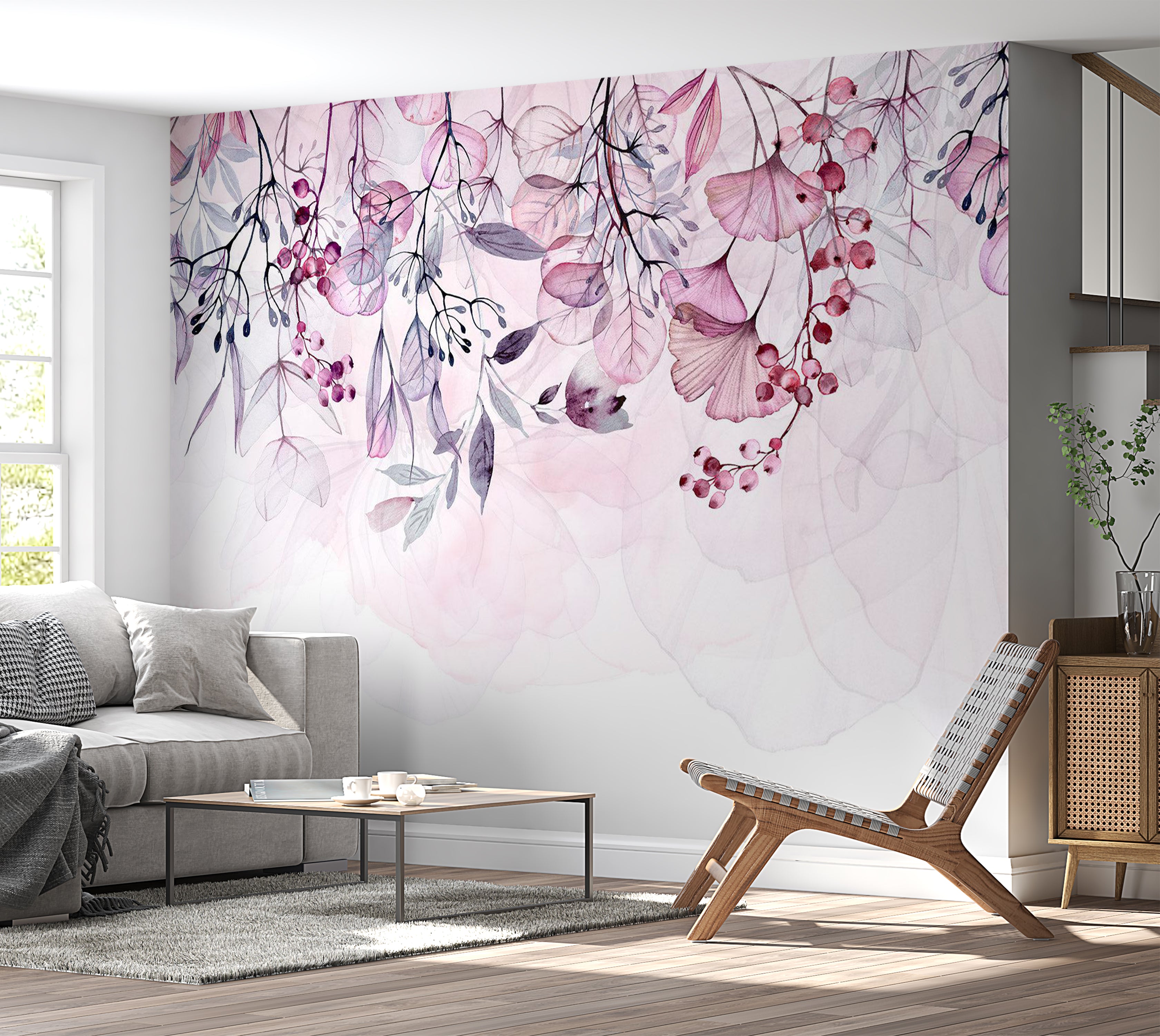 Botanical Wallpaper Wall Mural - Foggy Pink Nature 39"Wx27"H / Standard