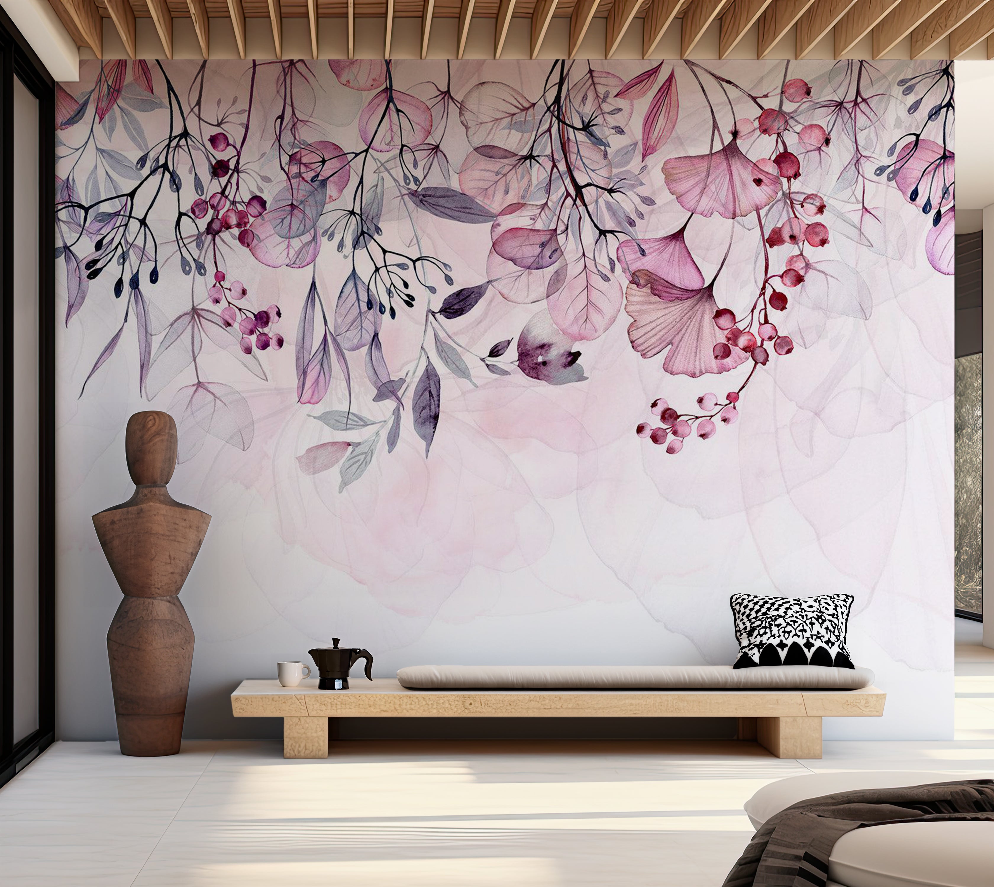 Botanical Wallpaper Wall Mural - Foggy Pink Nature 39"Wx27"H / Standard