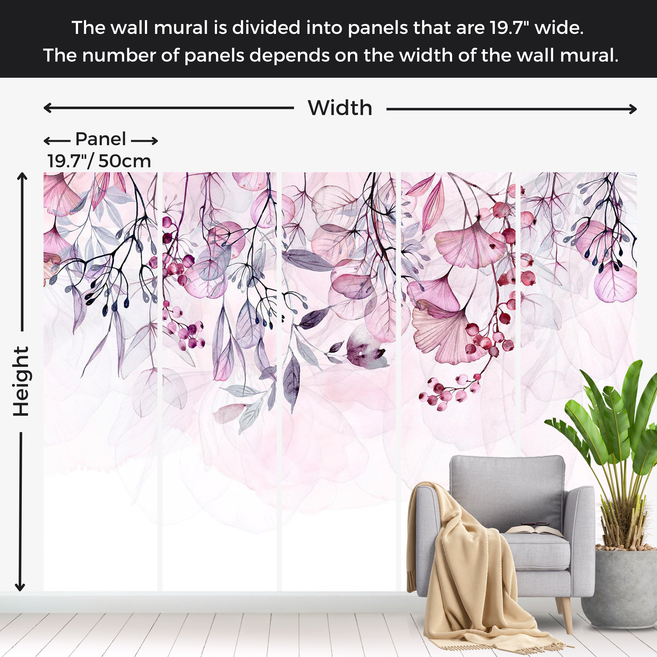 Botanical Wallpaper Wall Mural - Foggy Pink Nature 39"Wx27"H / Standard