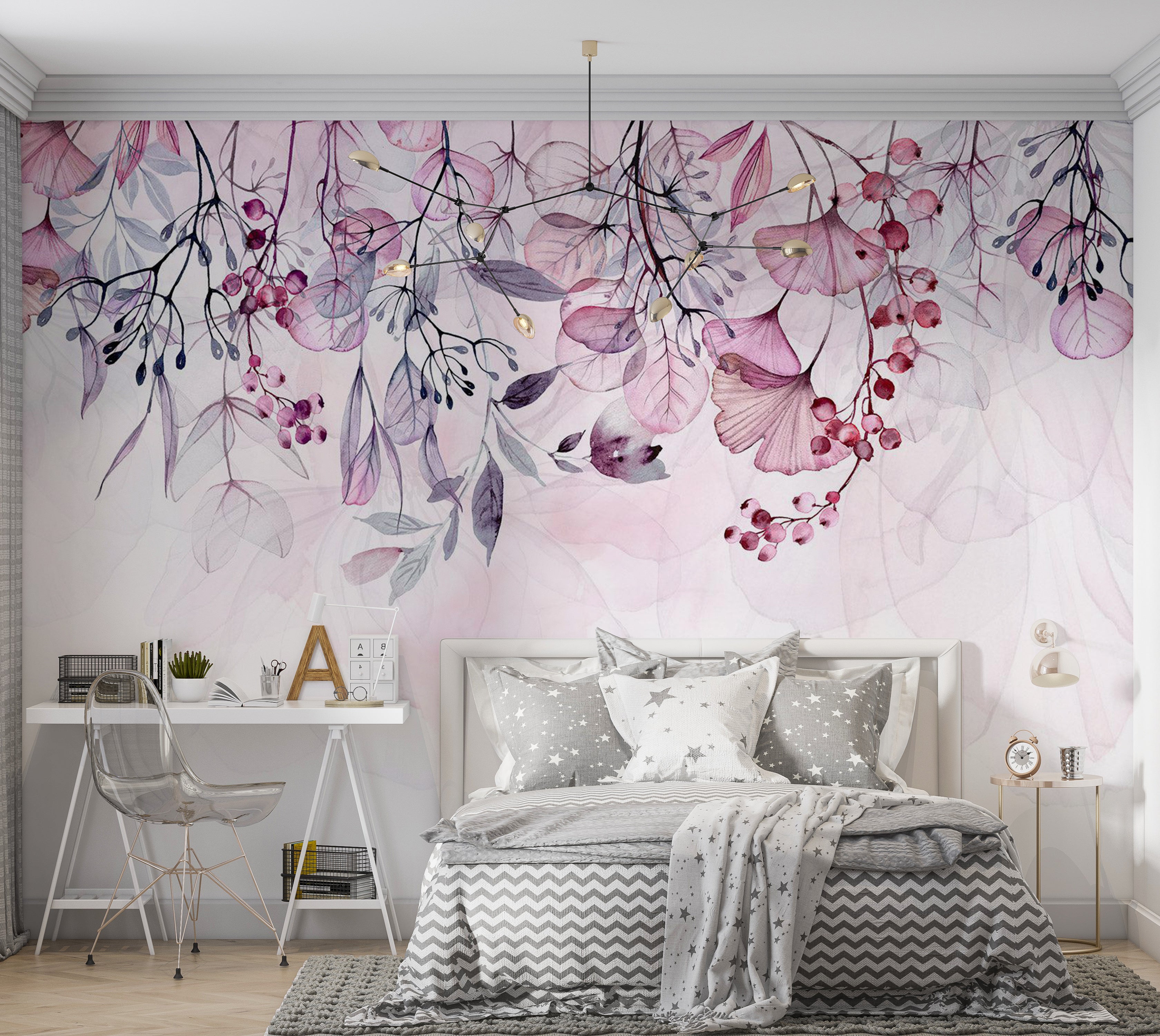 Botanical Wallpaper Wall Mural - Foggy Pink Nature 39"Wx27"H / Standard