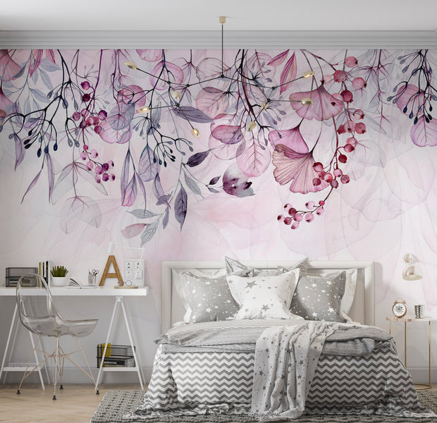 Botanical Wallpaper Wall Mural - Foggy Pink Nature 39"Wx27"H / Standard
