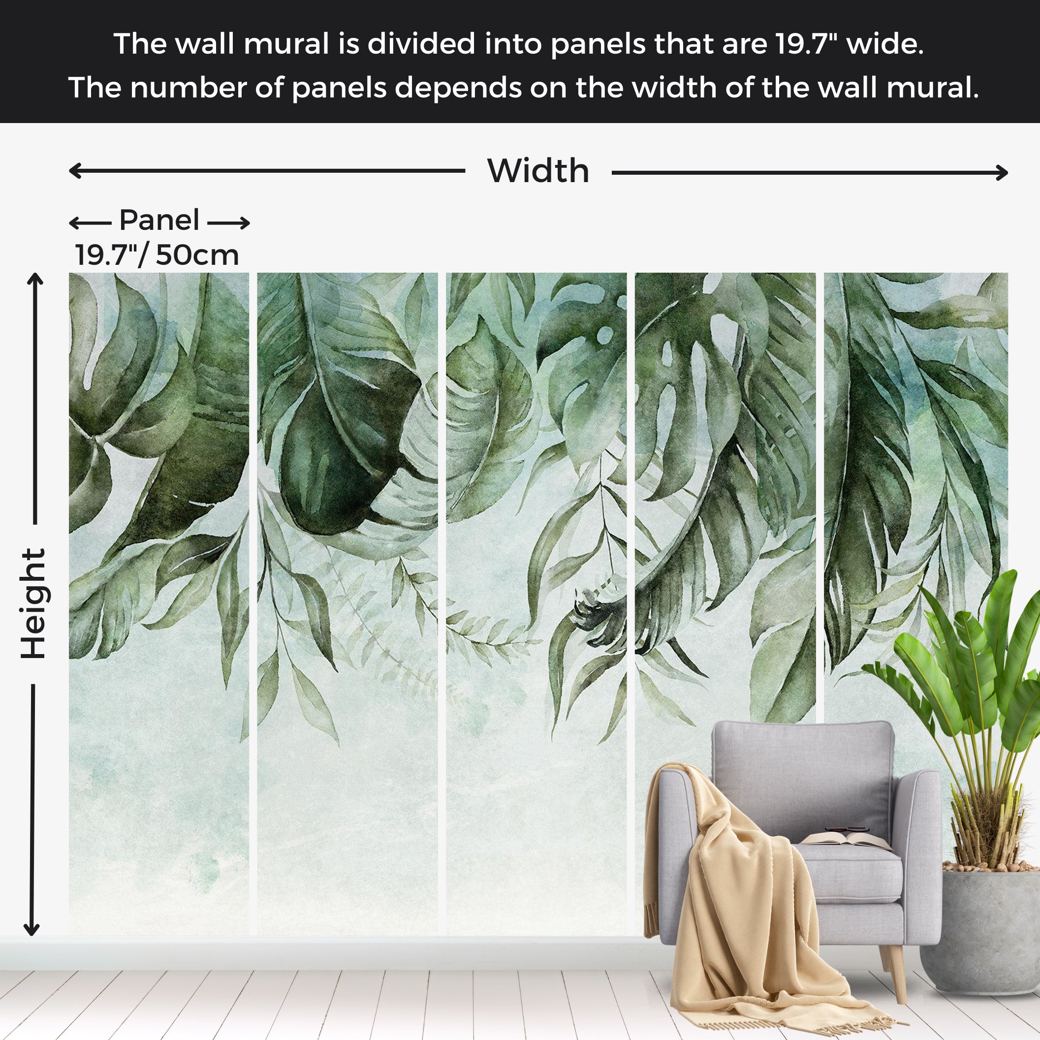 Botanical Wallpaper Wall Mural - Green Jungle Story 39"Wx27"H / Standard