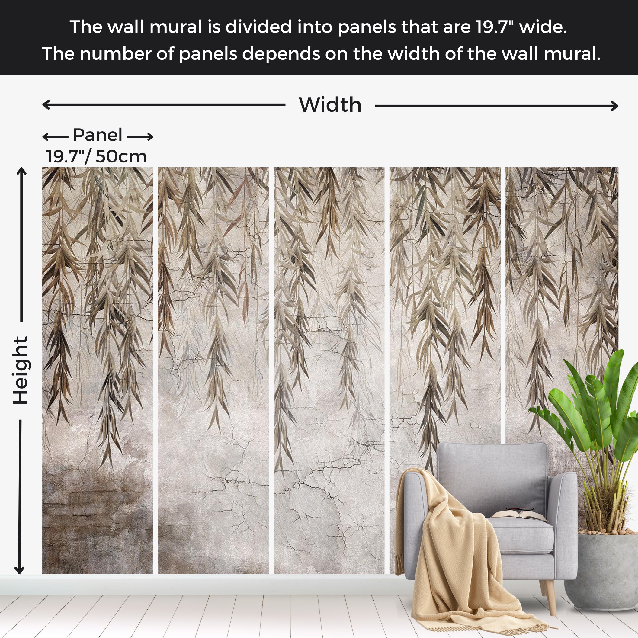 Botanical Wallpaper Wall Mural - Hanging Leaves on a String 39"Wx27"H / Standard